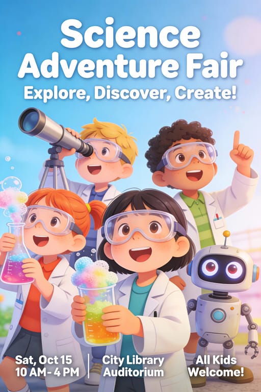 Fun Educational Children's Science Fair Poster AI image generation showcase