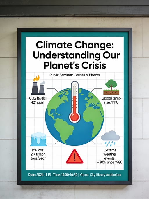 Informative Climate Change Seminar Poster AI image generation showcase