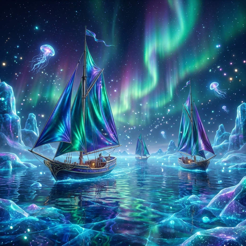 Fantasy sailboats under the aurora: three stylistically different ships sailing on an aurora-lit ocean, with snow mountains and colorful moons in the distance