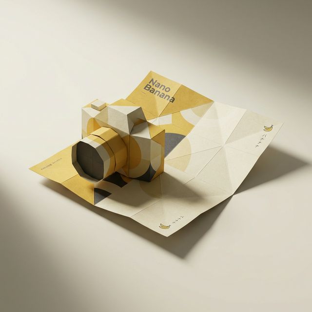 Branded paper folding 3D: flat branded paper autonomously folding into a product's 3D form, captured mid-transformation, Japanese minimalist background