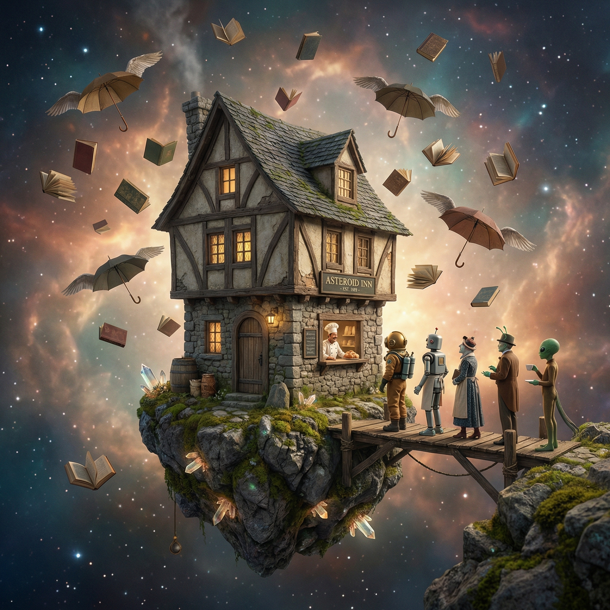 AI floating magical realism: old-fashioned building floating on a space rock, personified objects flying, planets queuing, storybook-warm color palette