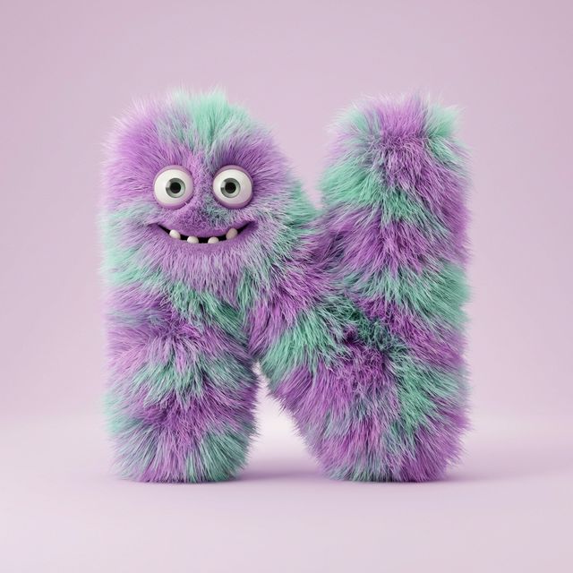 AI fluffy monster alphabet 3D character: highly realistic 3D render of letter designed as full-body fluffy monster, eyes and mouth naturally embedded in letter form, dense realistic fur texture, macaron pastel colors, studio lighting on simple pastel background