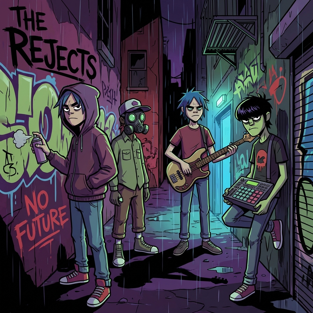 Gorillaz street style: character drawn with bold black outlines, muted desaturated palette, distressed urban texture background, filled with rebellious attitude
