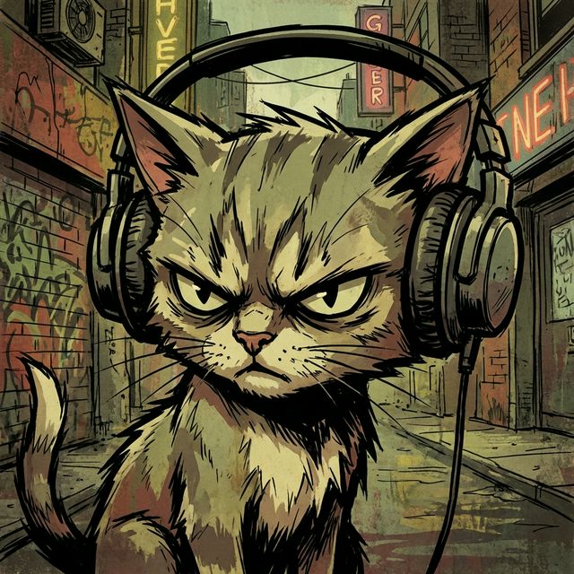 Gritty Gorillaz street illustration: raw hand-drawn outlines, faded dust-covered palette, large geometric shadows, grain-textured distressed surface, urban wasteland scene background