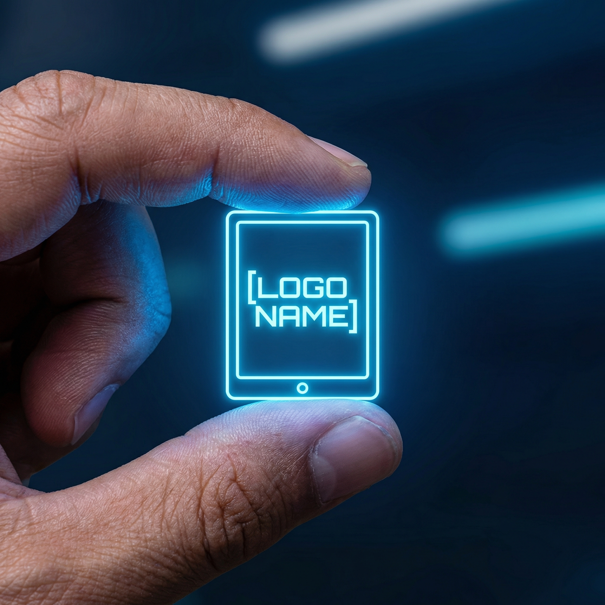 AI hand-held glowing icon: realistic human hand holding a 3D neon blue square icon, blue light illuminating finger skin, dark blurred background, macro close-up