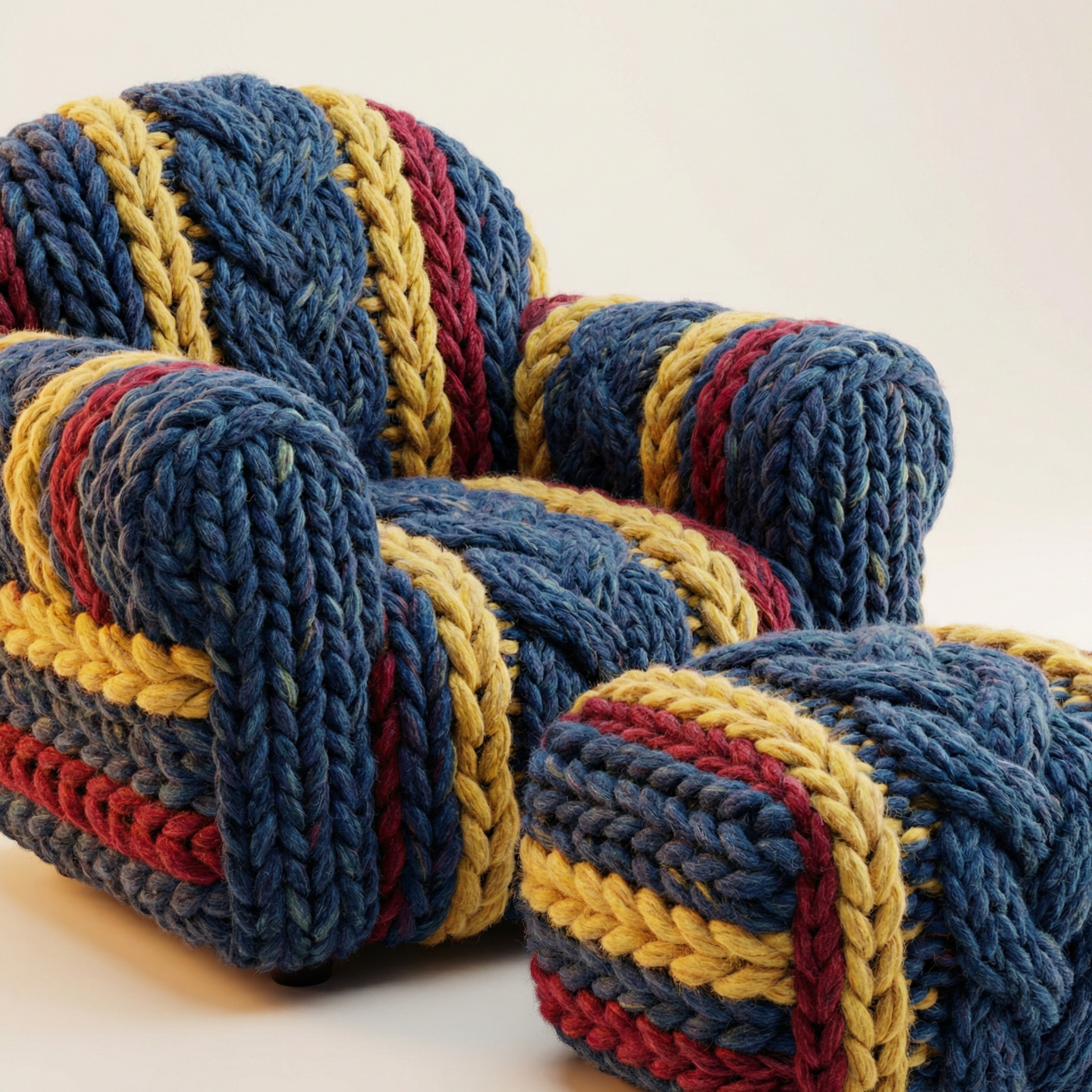 AI wool Logo: brand logo made entirely of chunky hand-knitted wool yarn in hyper-realistic 3D render, fluffy fiber texture, warm saturated colors