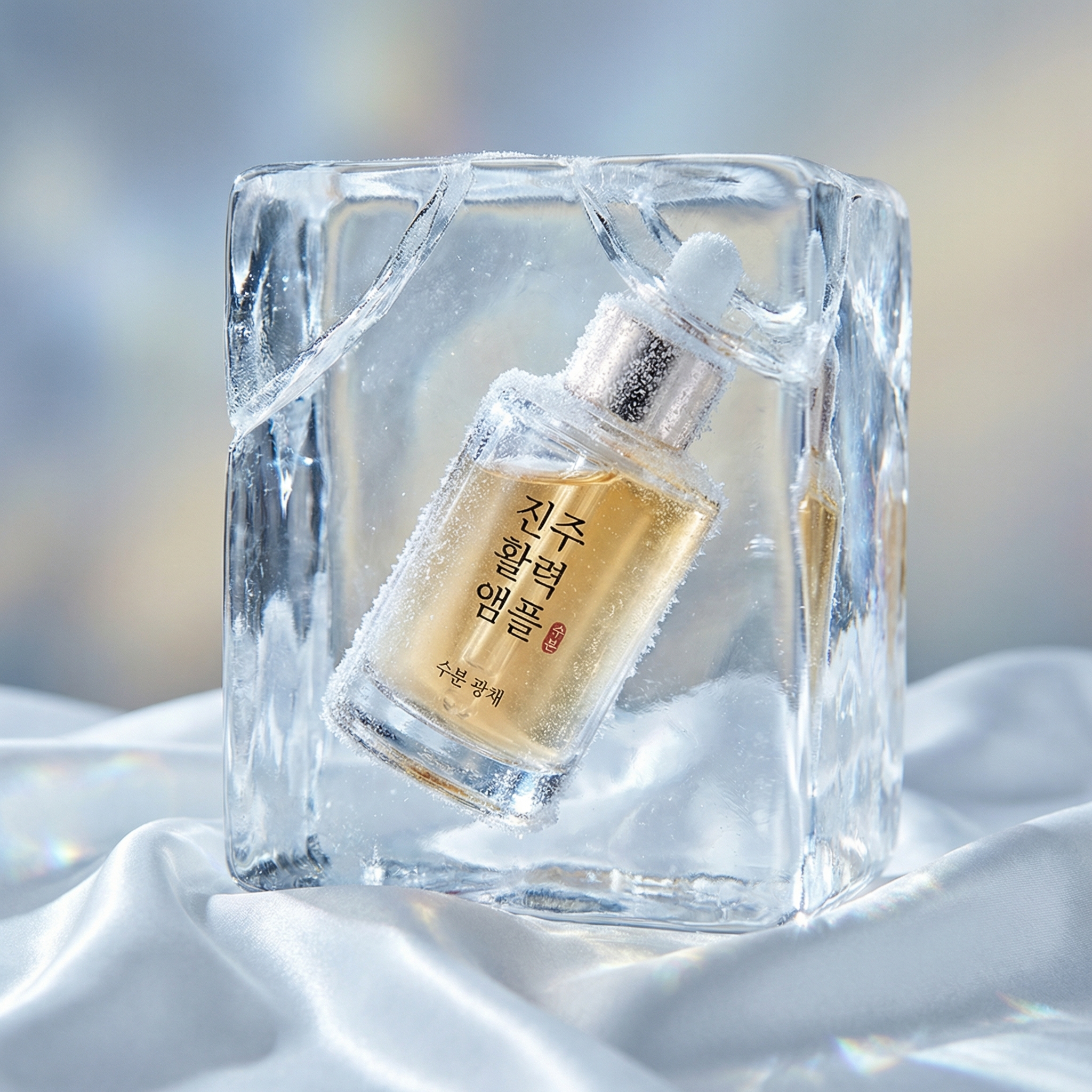Ice product poster: skincare product suspended in cracked ultra-clear ice block on white silk, with cold elegant lighting and surface reflections