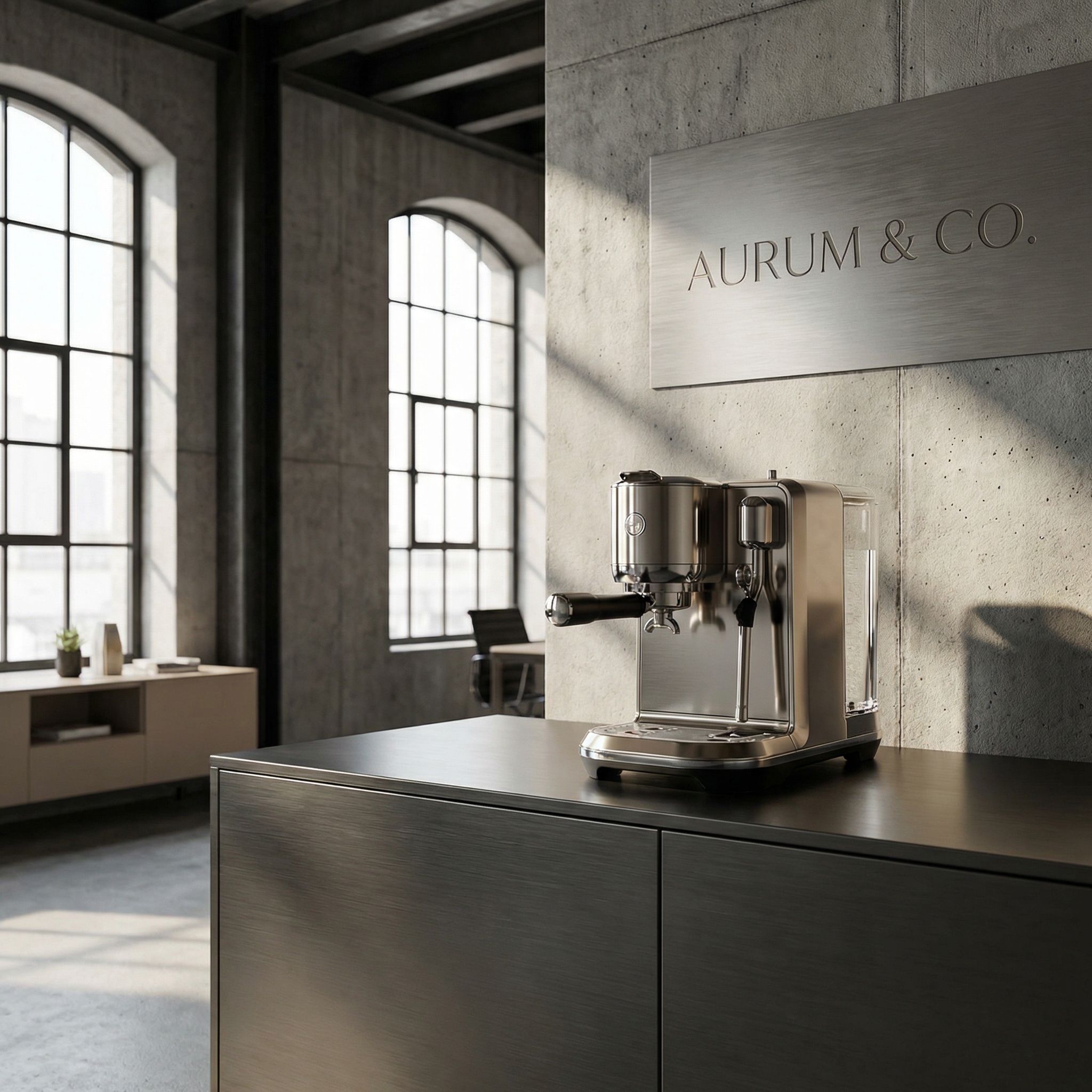 Industrial brand space ad: product in modern industrial interior with concrete walls, brushed metal materials, and dramatic natural light from floor-to-ceiling windows