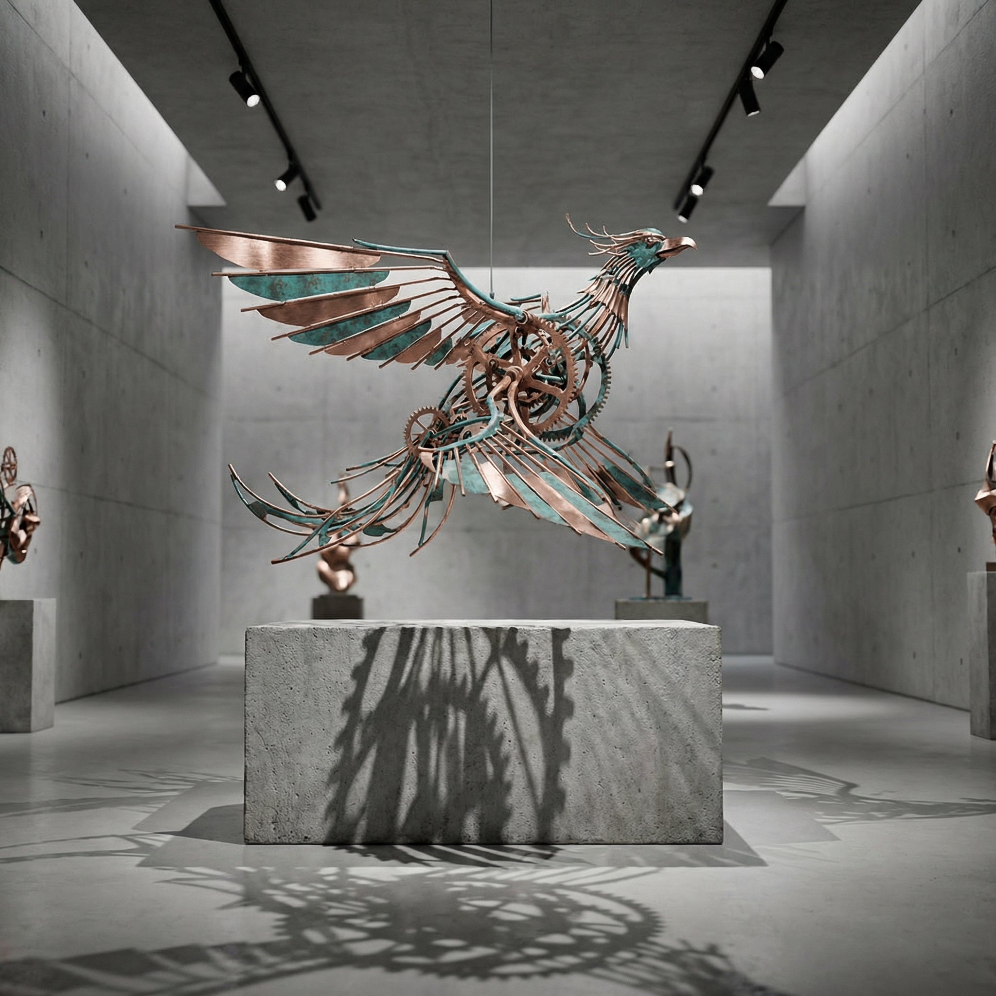 AI kinetic sculpture: interlocking metal rods, brushed platinum and oxidized blue panels, casting complex mechanical shadows on concrete pedestal, modern art gallery lighting