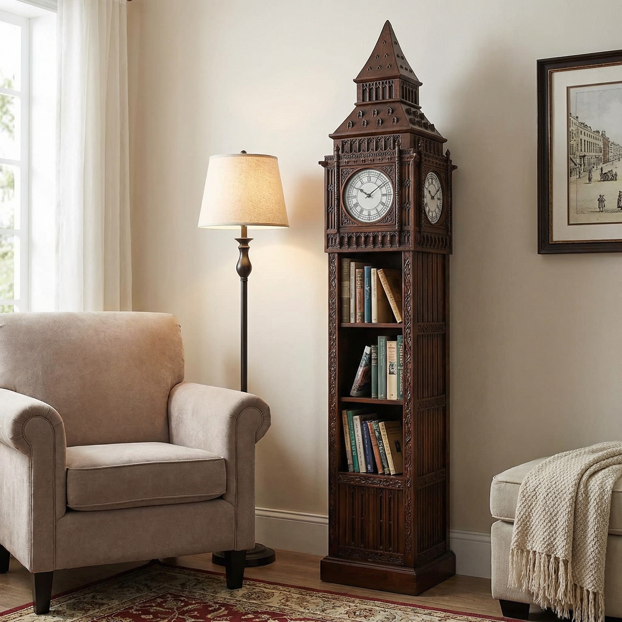 Landmark furniture design: famous landmarks perfectly carved into functional furniture, placed in a modern living room setting