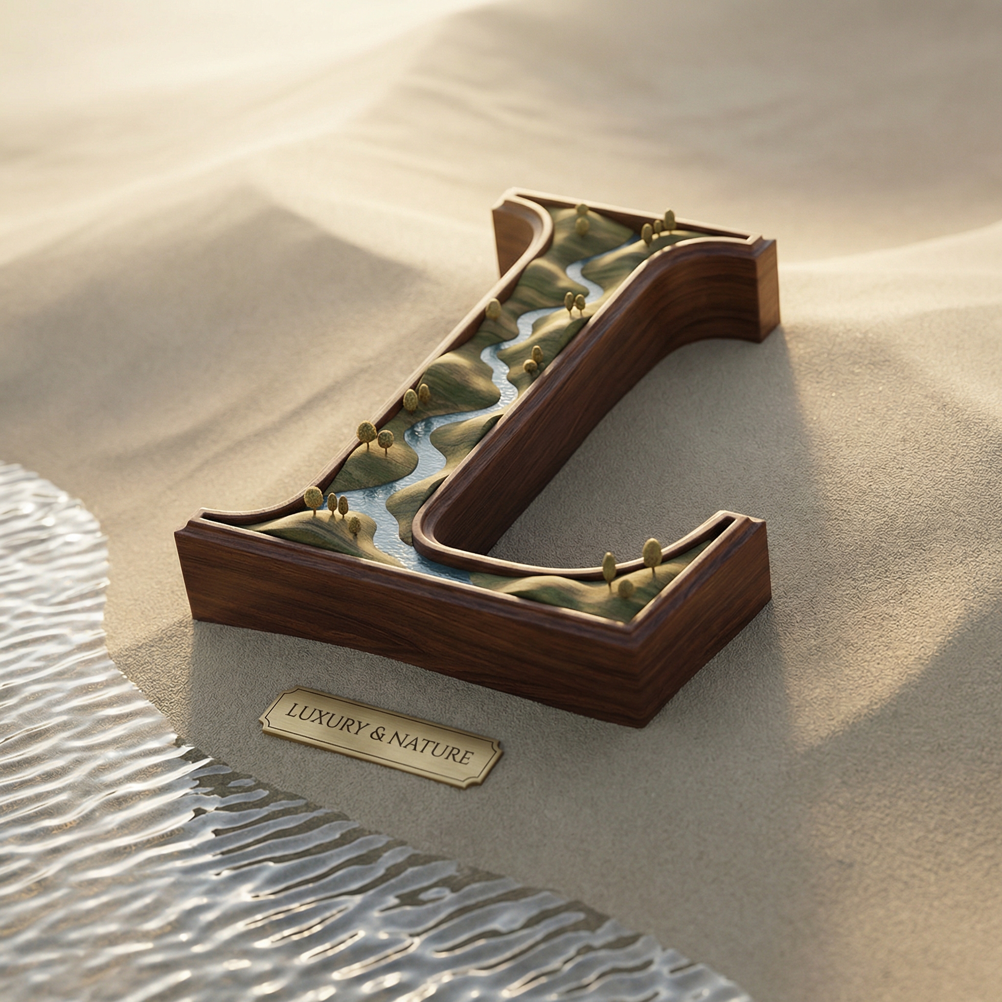 AI letter landscape: beautiful beachscape embedded inside letter outline, clear turquoise water, sand, and palm trees perfectly distributed within the letter shape, minimalist high-end artistic effect