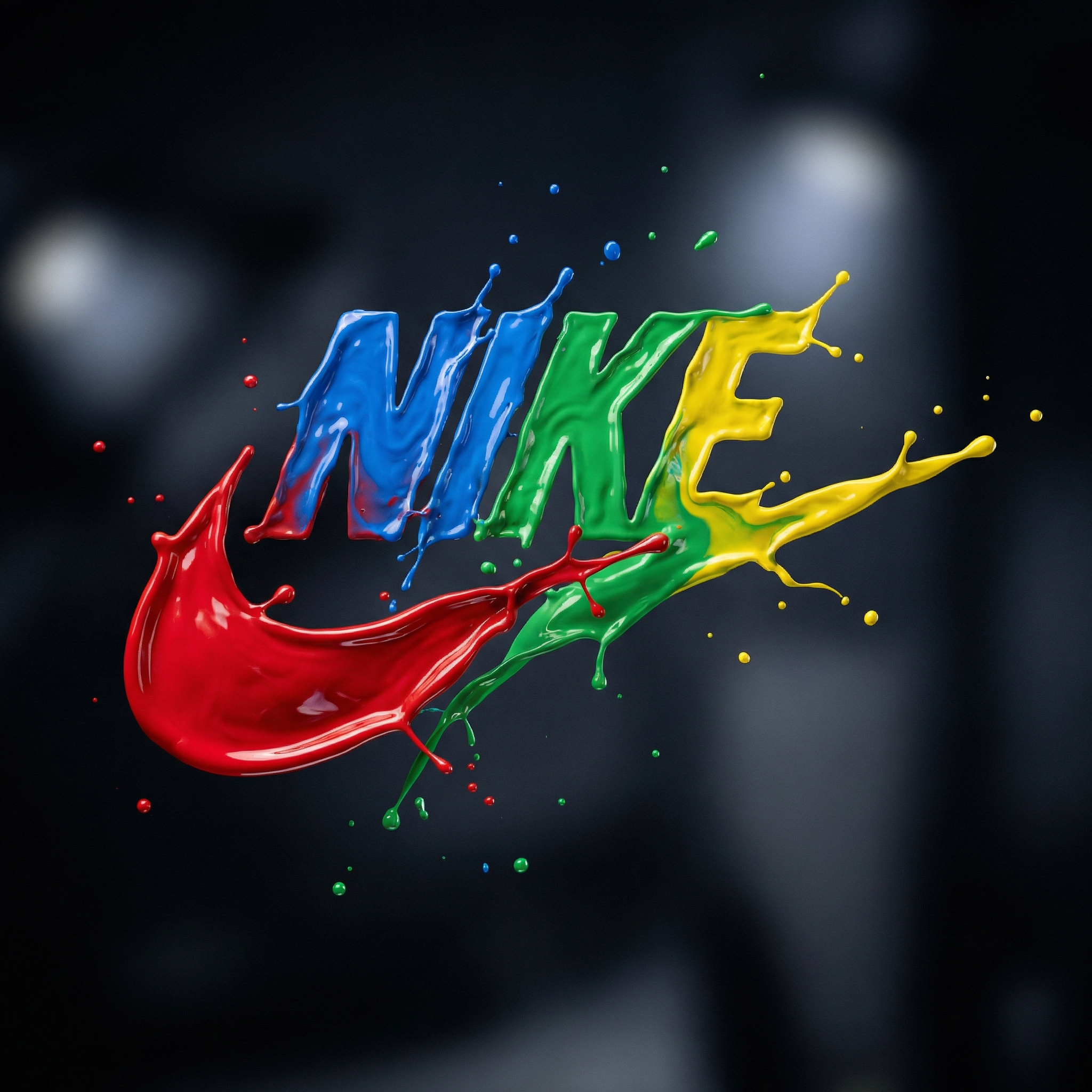 Four-color paint splashes frozen into a brand logo shape, deep dark background, glossy paint surface reflecting soft studio lighting, tiny droplets suspended in air