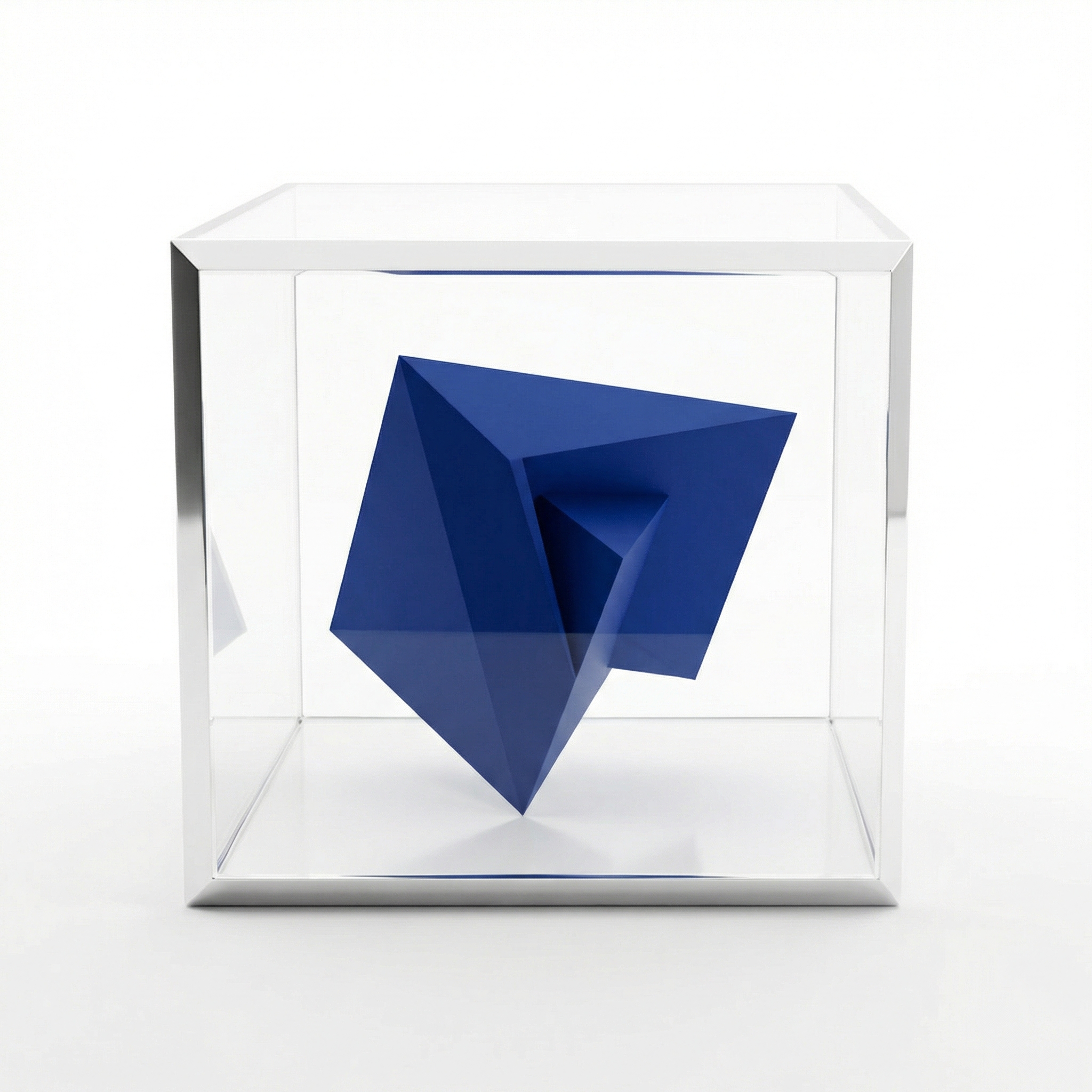 AI transparent display box: chrome silver mechanical heart encased in minimalist white transparent glass box, enhanced side angle view, pure white studio background, high contrast clean rendering