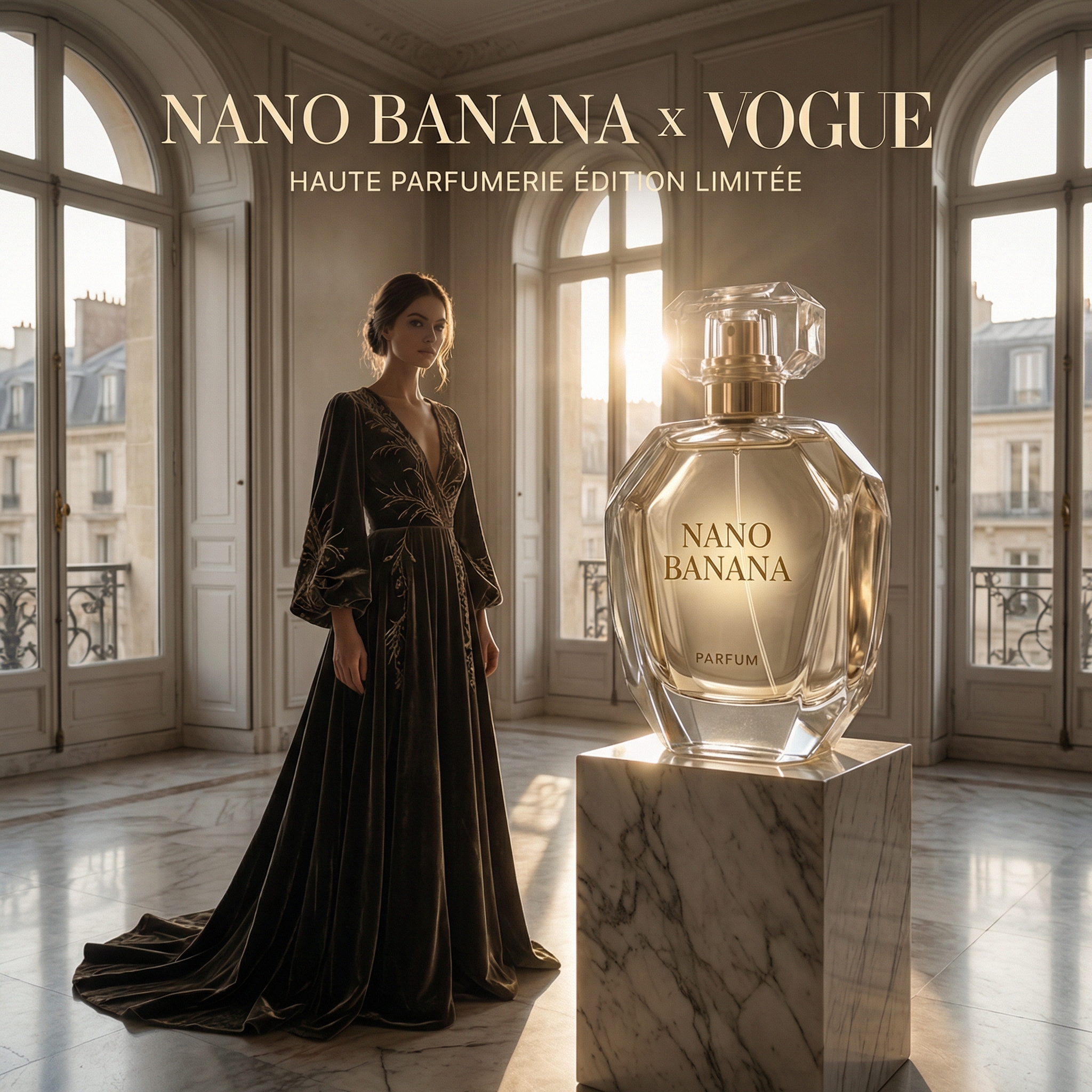 Luxury magazine editorial concept: Parisian interior space, golden afternoon light, couture model with brand product, cinematic material realism