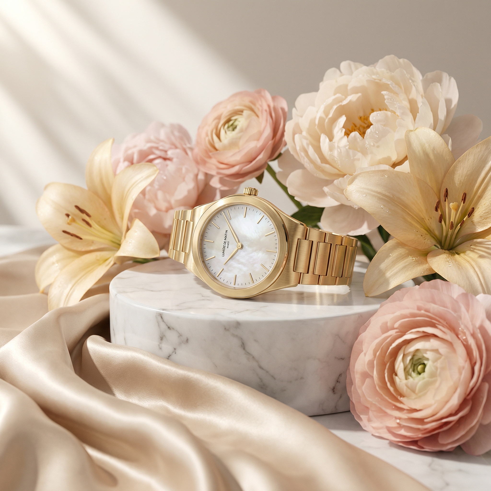 Luxury floral product photography: white marble pedestal, champagne silk base, pastel flower arrangement, soft natural light