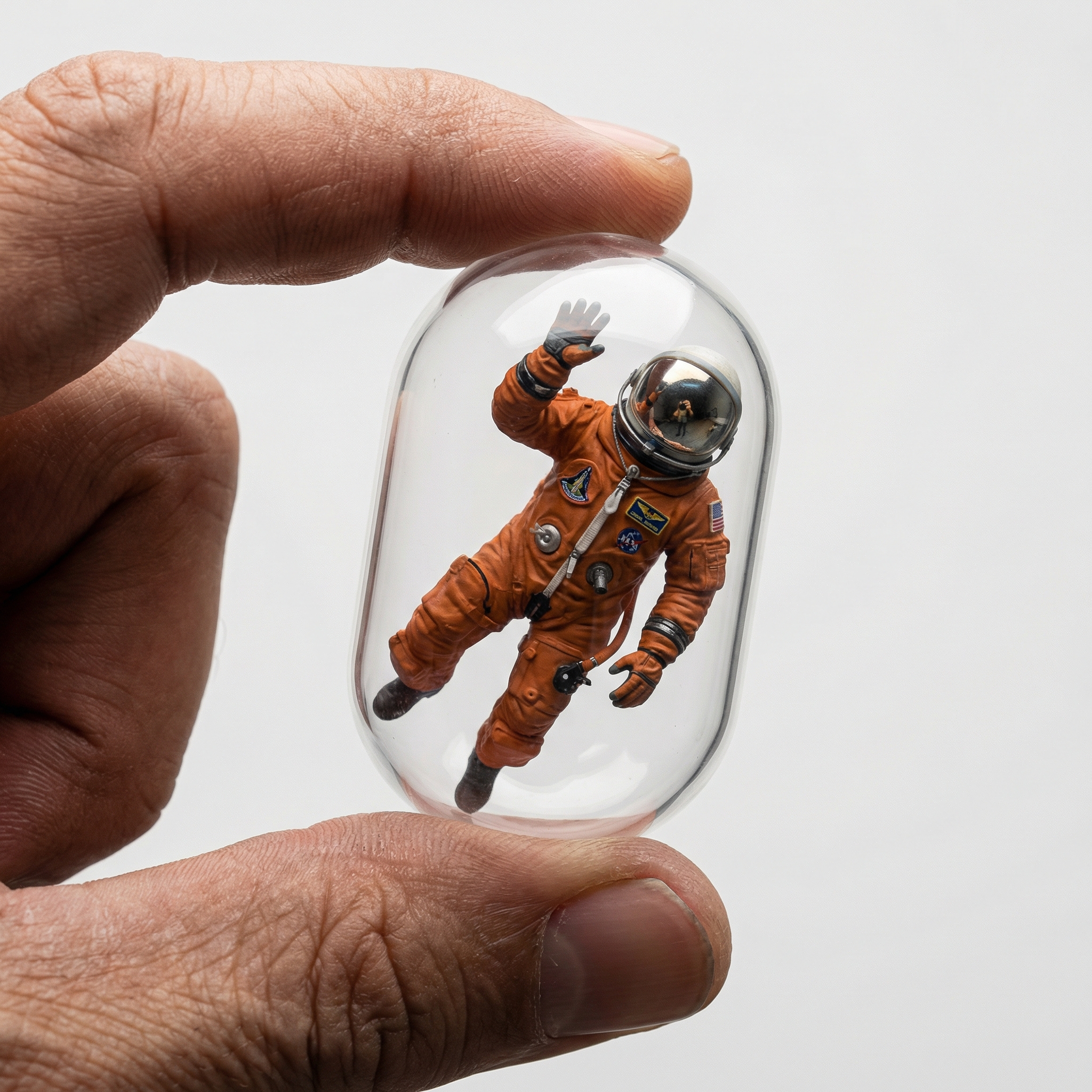 AI capsule miniature figure: a hand holding a transparent capsule with a detailed miniature character model inside, macro lens photography with shallow depth of field and bokeh background