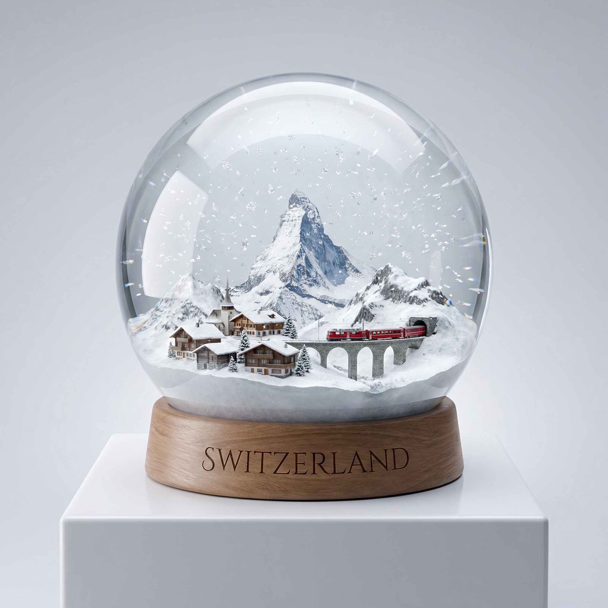 Miniature country snow globe: Great Wall sealed inside glass sphere with delicate snowfall, studio soft lighting, base material reflection clearly visible
