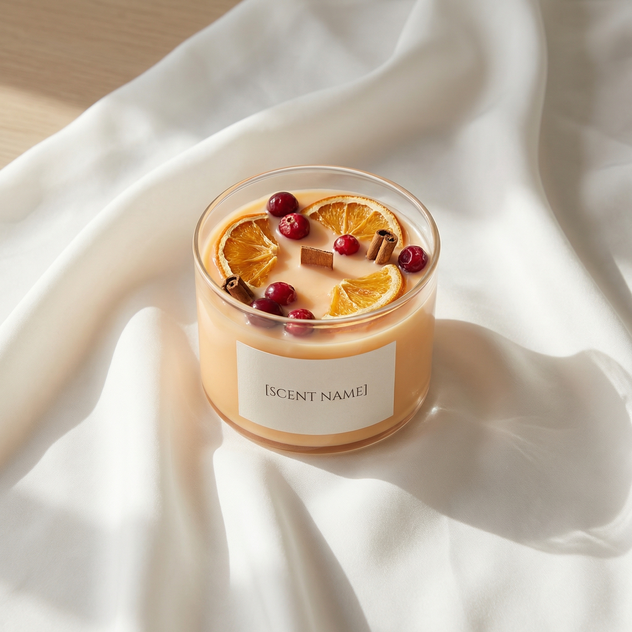 AI minimal fruit glass candle product photography: round clear glass cup filled with fruit slices as scented candle, on white silk fabric, soft natural daylight, top-down view, high-end product photography style