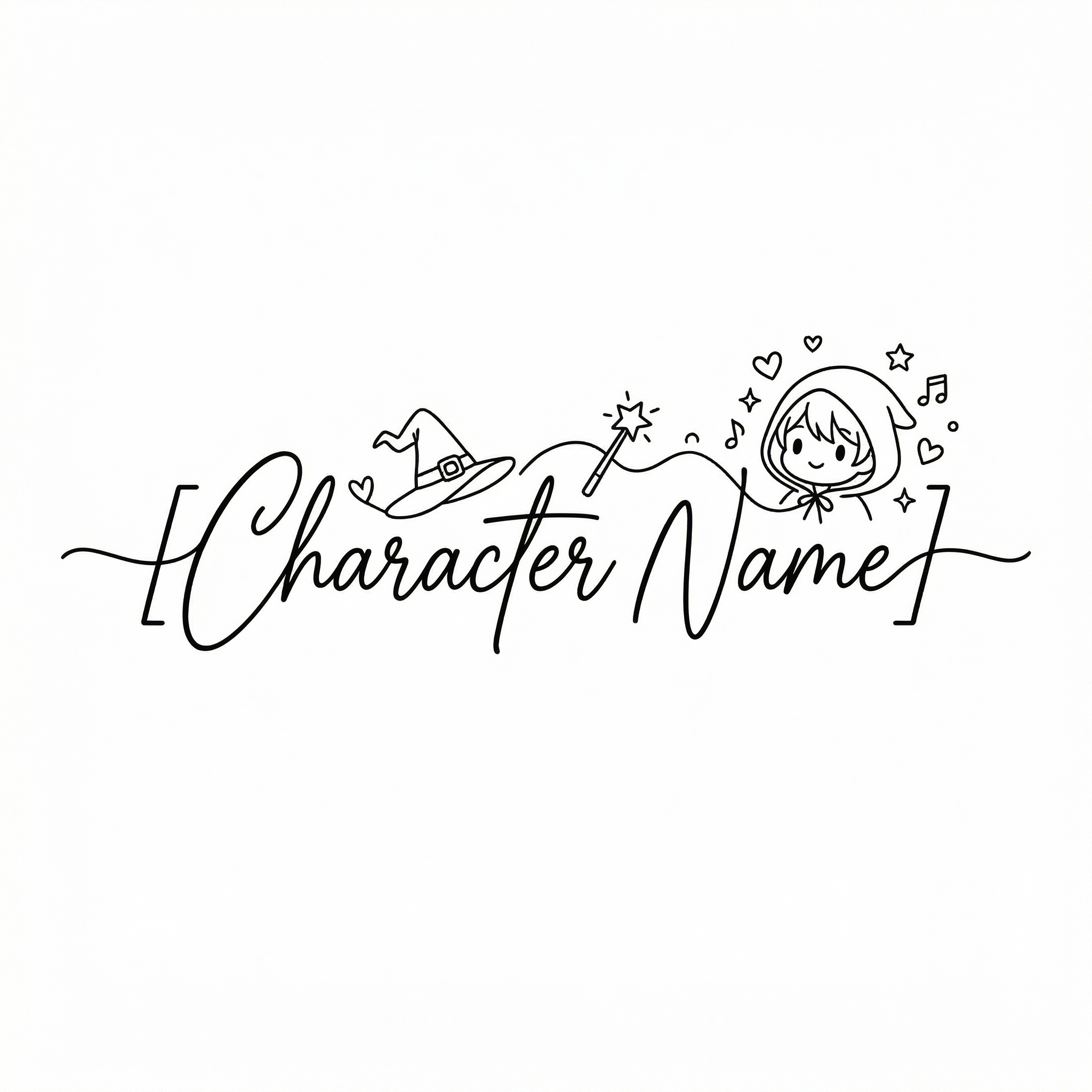AI minimalist character autograph design: black-and-white single-line handwritten signature with character visual elements, chibi mascot doodle, clean modern decorative elements, high-resolution line art suitable for tattoo or sticker