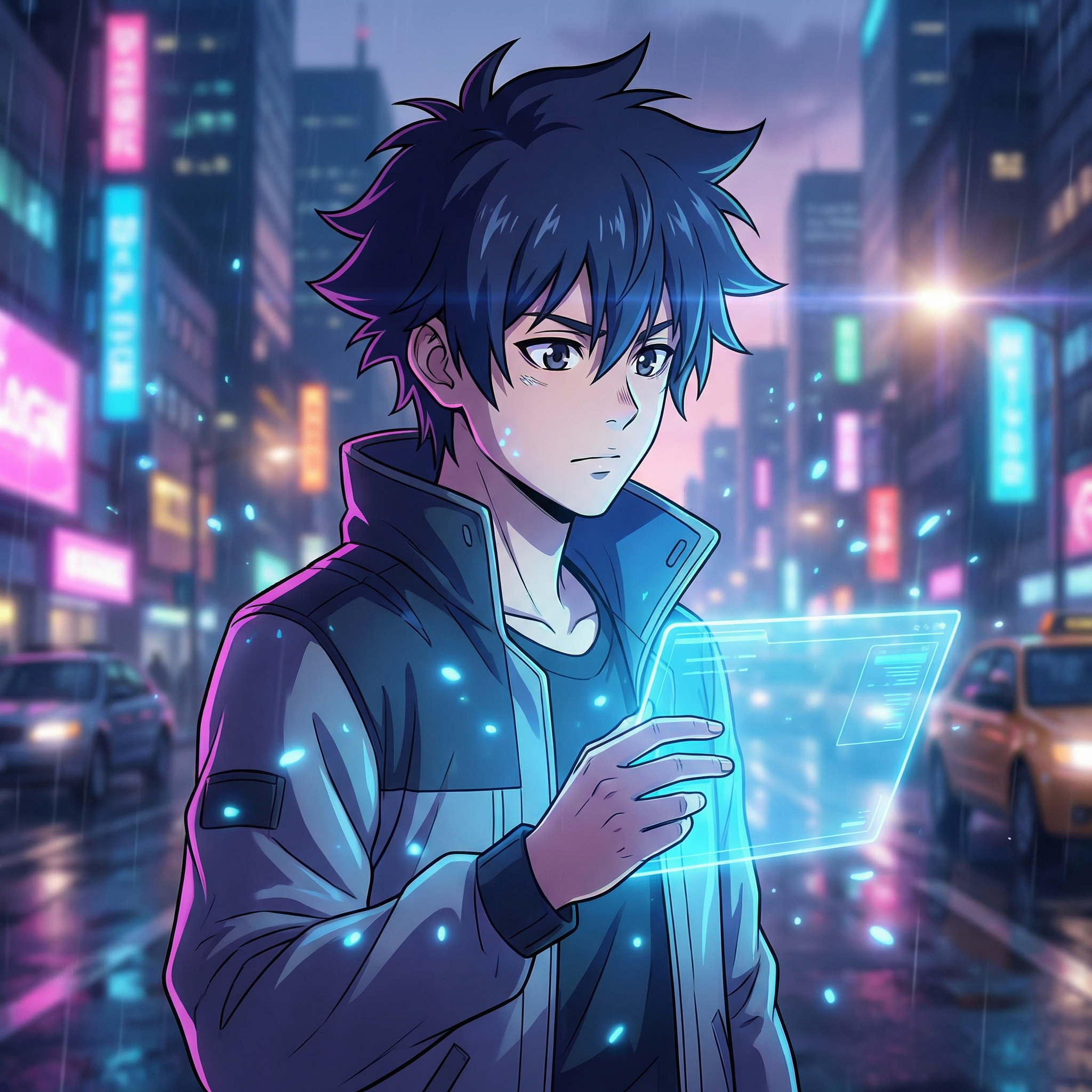 AI modern digital anime style: clean sharp vector lineart, digital cel shading with subtle gradients, vivid high-contrast colors, ambient-colored shadows, lens flares and particle post-processing effects, cinematic depth-blurred background