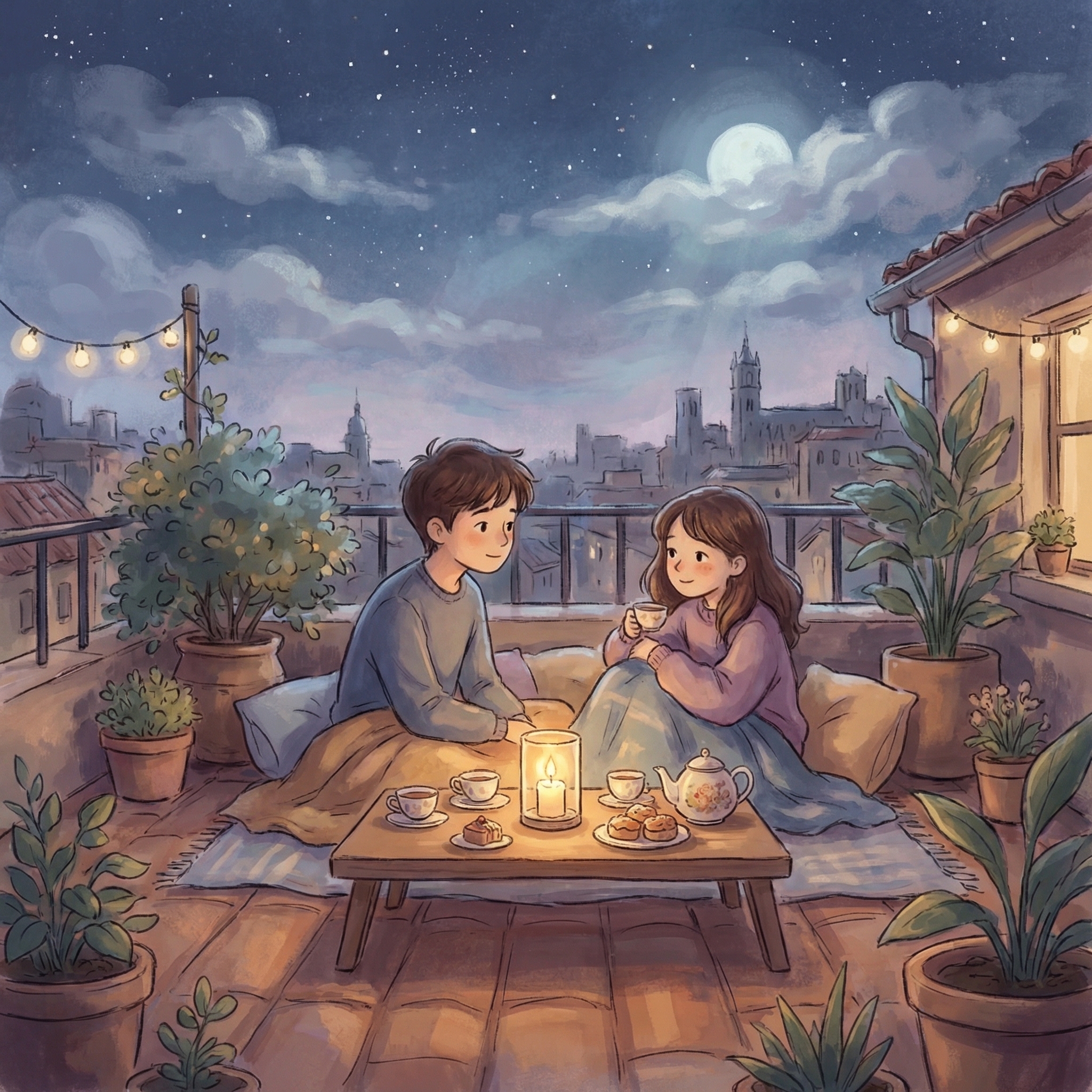 AI moonlight rooftop tea party painterly illustration: dreamy soft picture-book brushstroke style, moonlight diffusing blue-silver cool light from above, candle casting warm yellow light on table, two people quietly sharing tea on rooftop, romantic nostalgic atmosphere