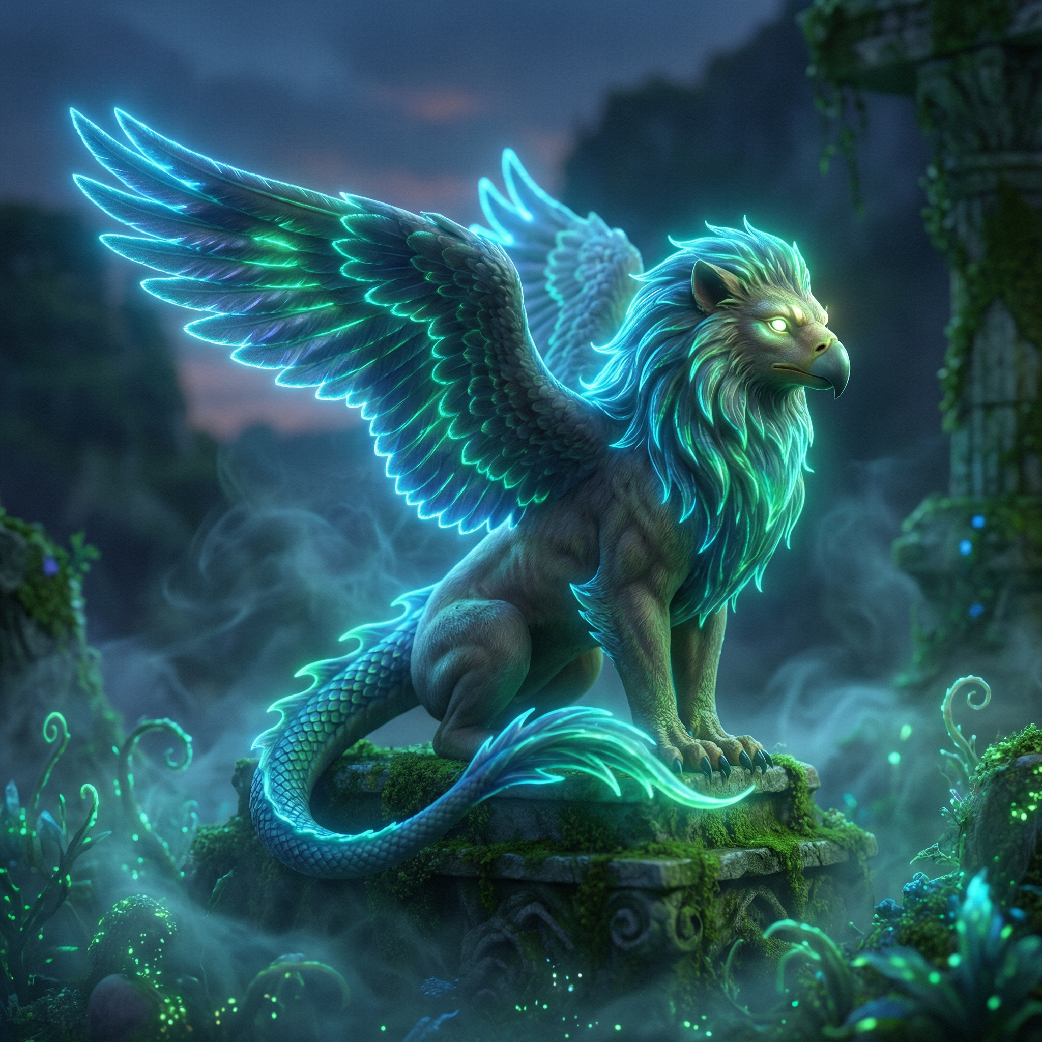 AI mythical creature luminescence: creature edges emitting colored self-illumination, dual-color energy system distributed along scales, fur, and wing membranes, dark background contrast, organic light transmitting outward from within the biological body