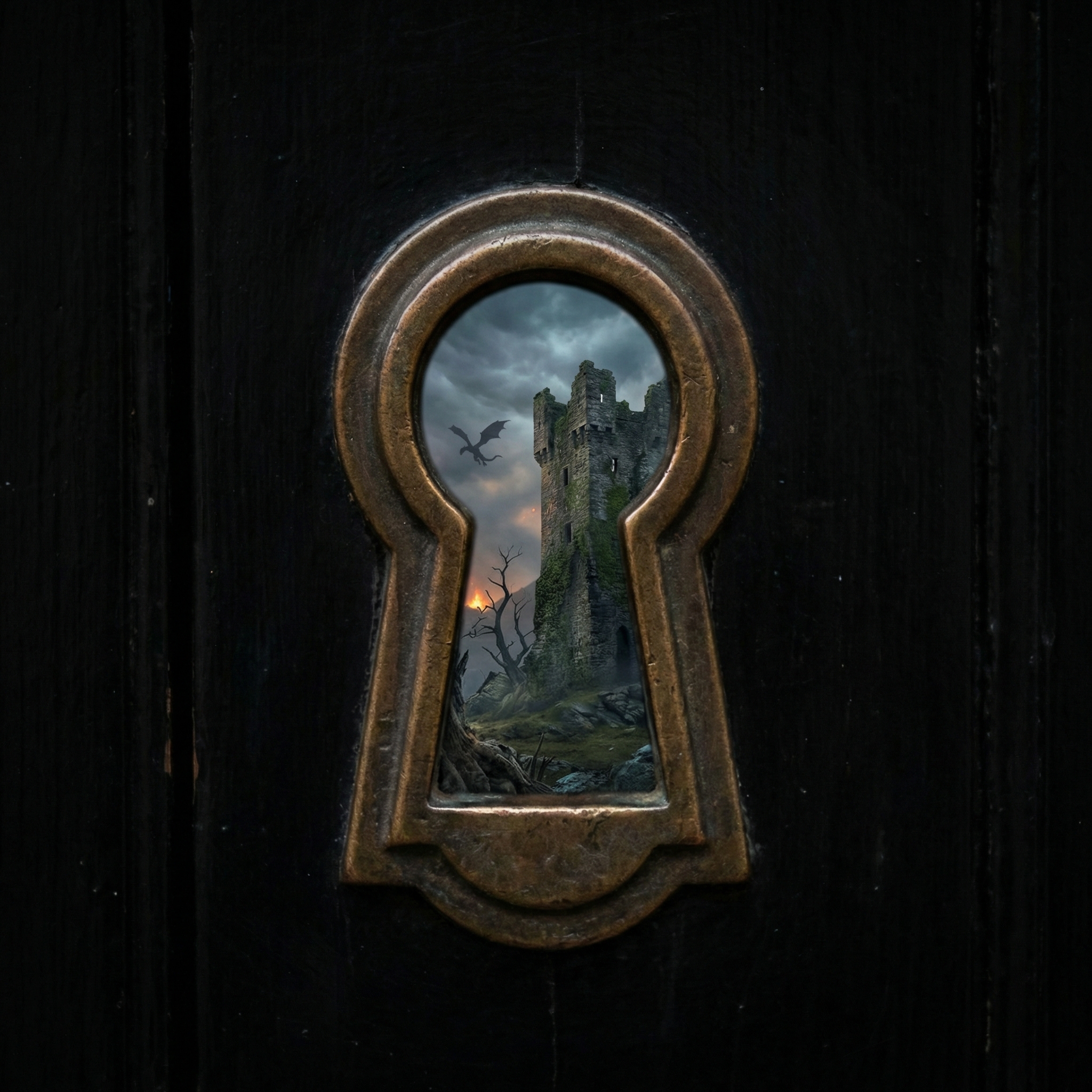 Keyhole viewpoint: looking through a metallic keyhole into a glowing fantasy world, surrounded by deep darkness