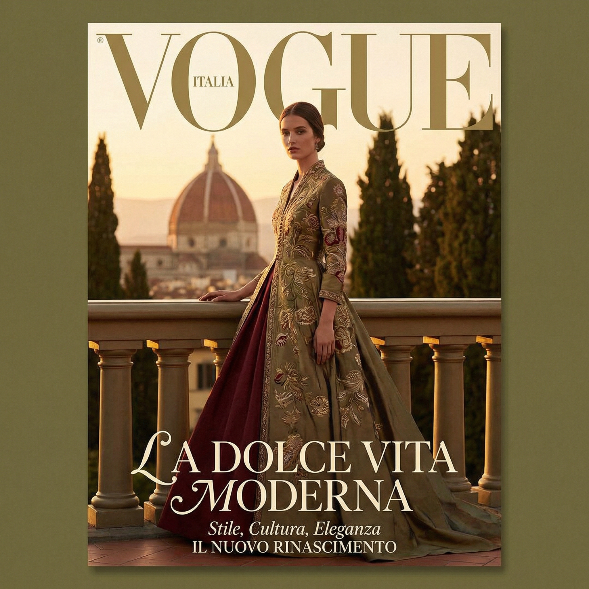 National landmark fashion magazine cover: landmark abstracted into geometric backdrop, model in culturally-translated modern fashion, cinematic lighting, vertical 9:16 editorial layout