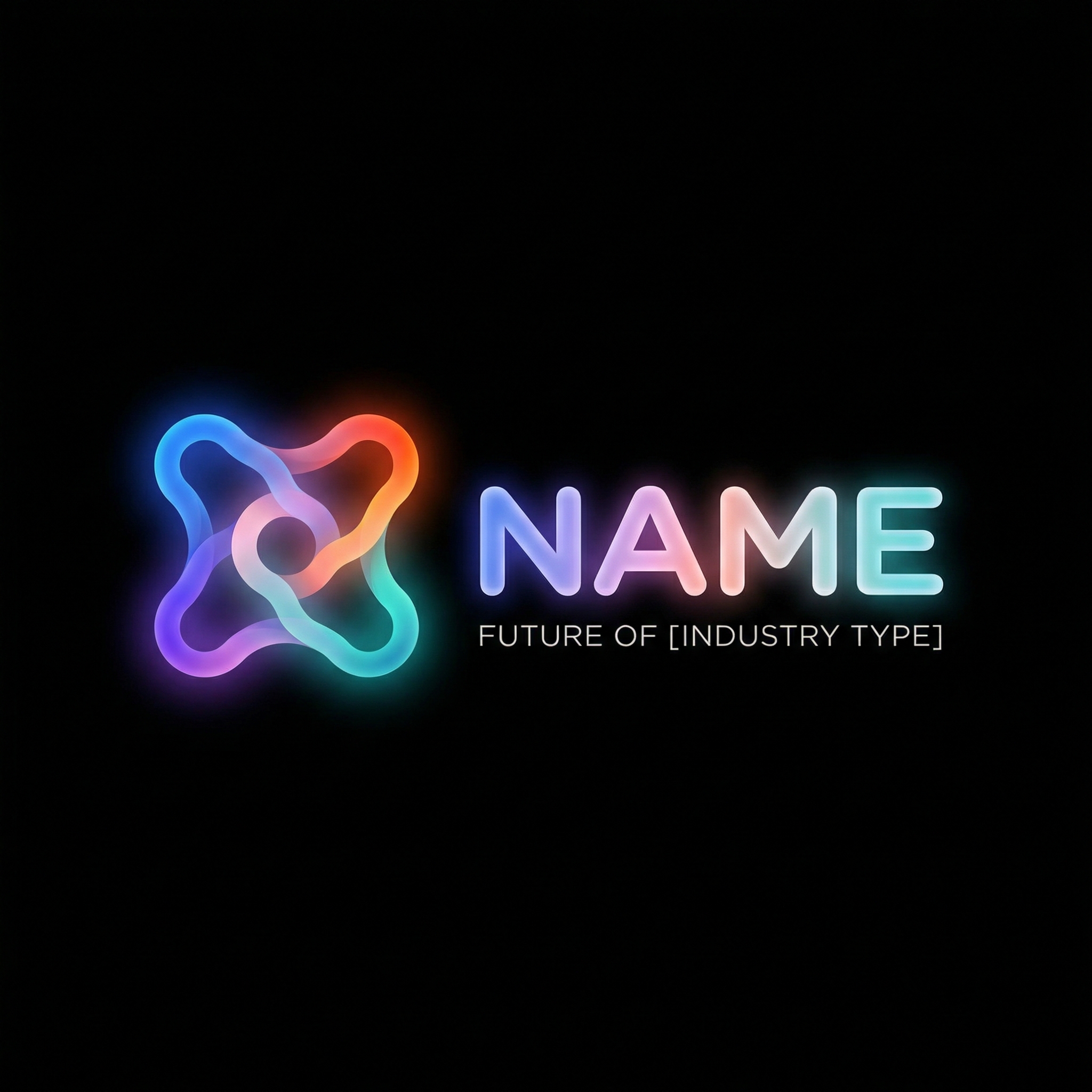 NeoGradient Soft Tech Logo: abstract glowing icon with sans-serif type, blue-purple-pink gradients luminous on pure black background