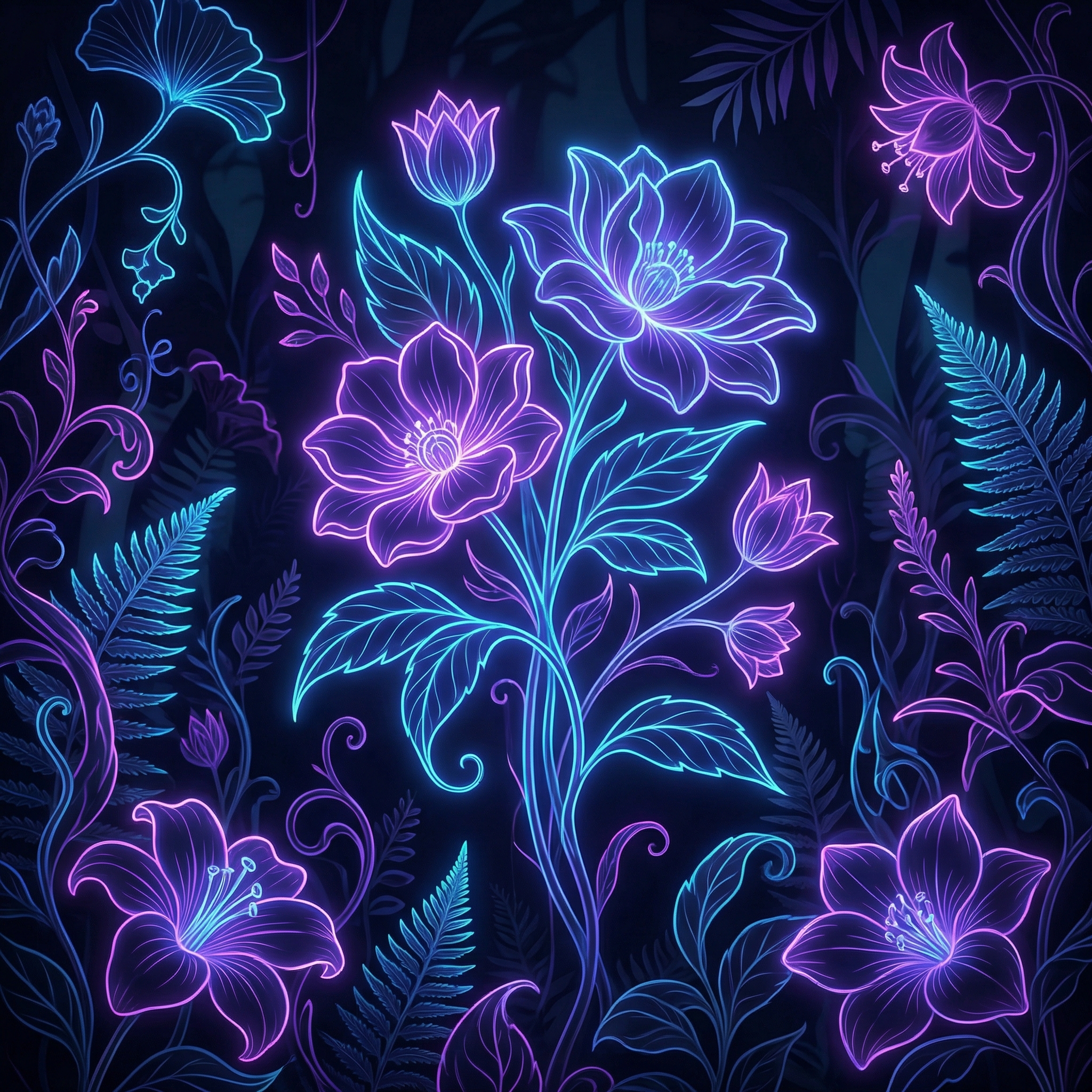 AI Neon Floral Harmony illustration: plants and flowers outlined in glowing neon lines, dual-color contrast scheme, serene yet electrifying botanical scene in deep shadows, intricate details and dreamlike glow halo