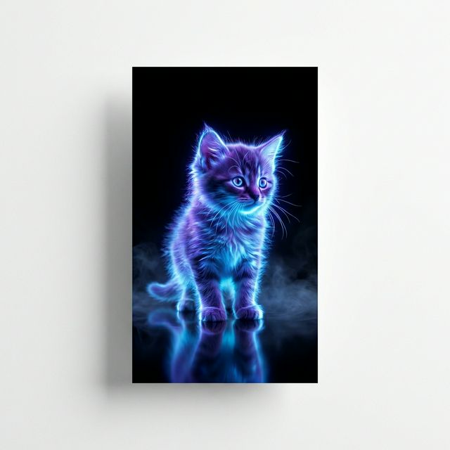 AI neon glowing object poster: single object emitting internal neon light against pure black background, light precisely following object shape and details, reflective black surface producing mirror image, subtle ambient fog, high-Kelvin cool toning, ultra-HD commercial quality