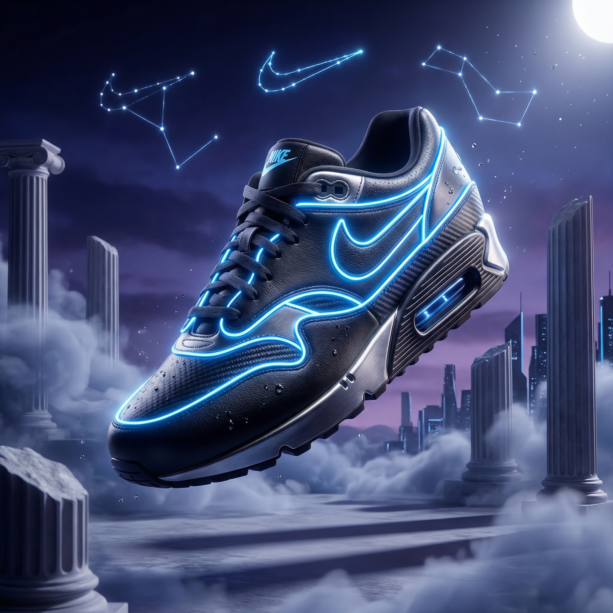 AI neon outlined product digital art: branded product with precise neon glow outlines following edges, high-contrast 3D render style, brand-identity-inspired surreal dreamlike environment, cinematic shadows in deep black, hyper-realistic materials