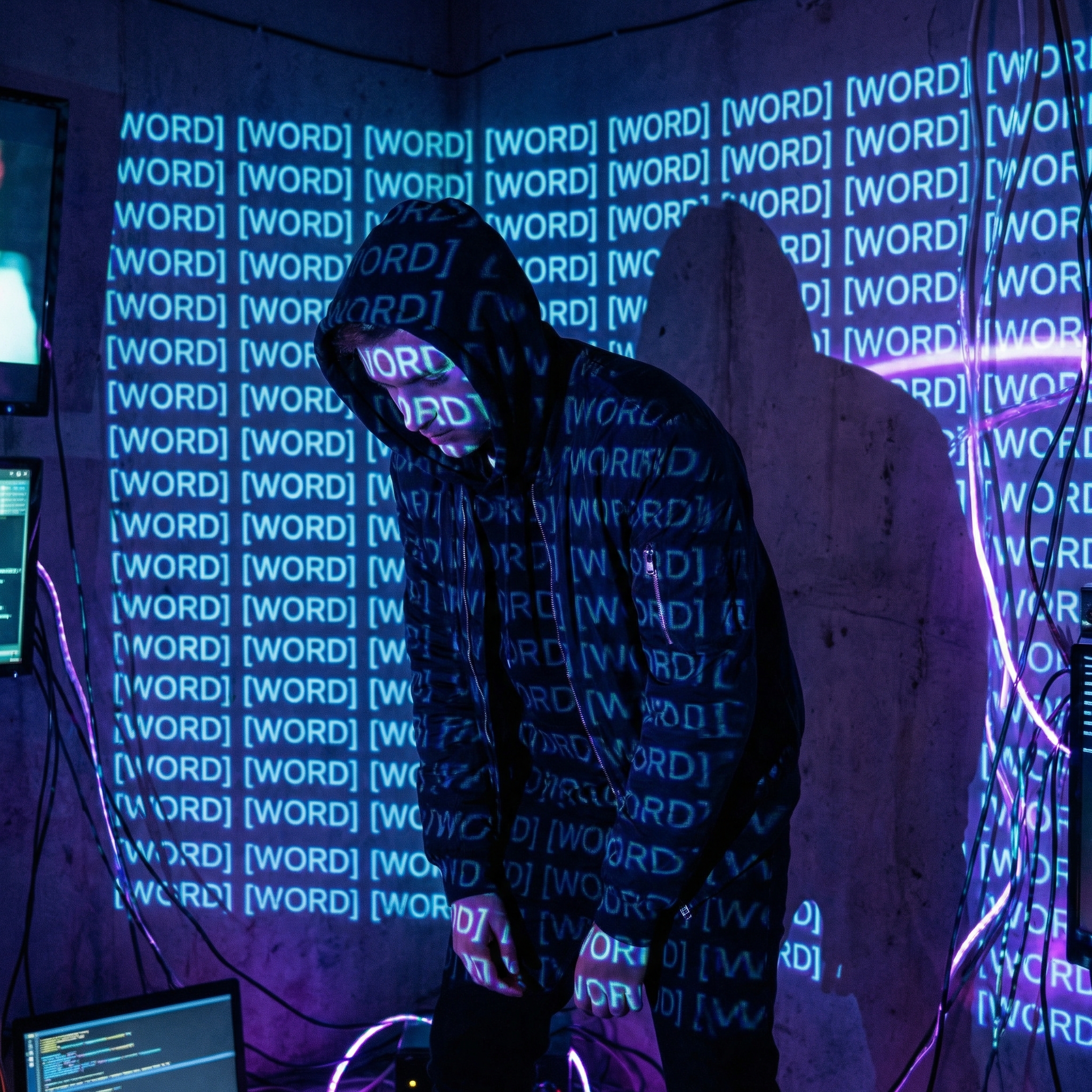 AI neon word projection portrait: person in dark room covered with infinite neon text projection, text wrapping around three-dimensional body contours with physical distortion, high-contrast hard light, moody cyberpunk atmosphere photography