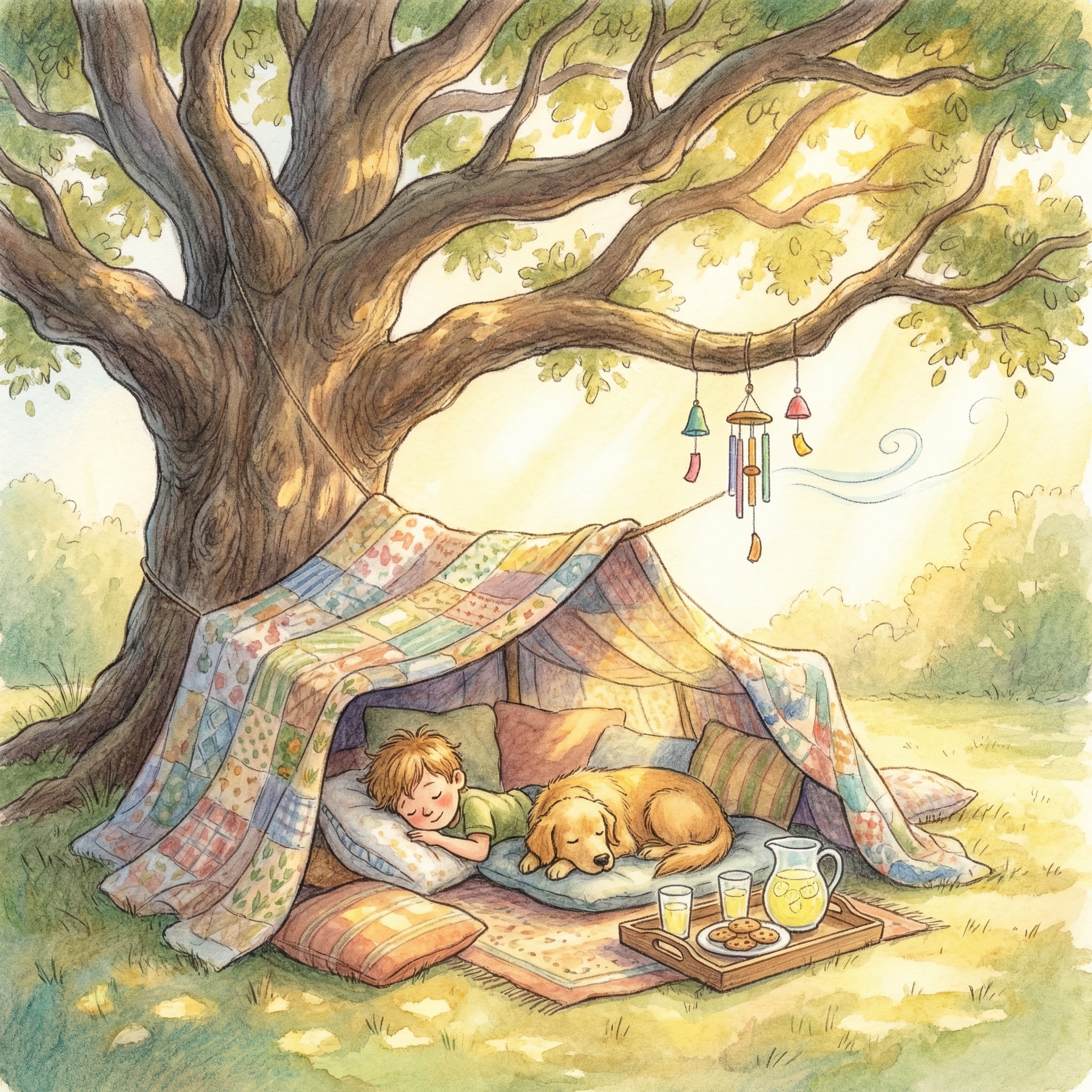 Nostalgic afternoon innocence: pillow fort under a tree in the backyard, golden retriever napping, soft warm afternoon light, storybook illustration quality