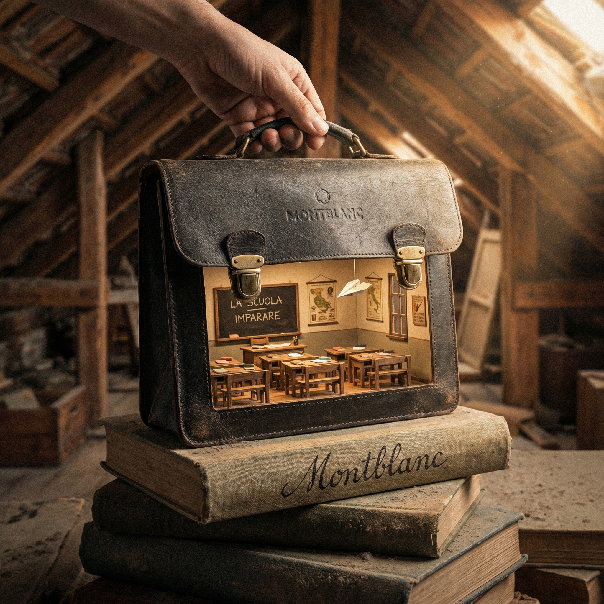 AI nostalgic brand miniature classroom: brand item half-opened in dimly lit attic revealing miniature warmly lit classroom inside, golden sunset light through beams illuminating dust, paper airplane hovering, cinematic nostalgic lighting