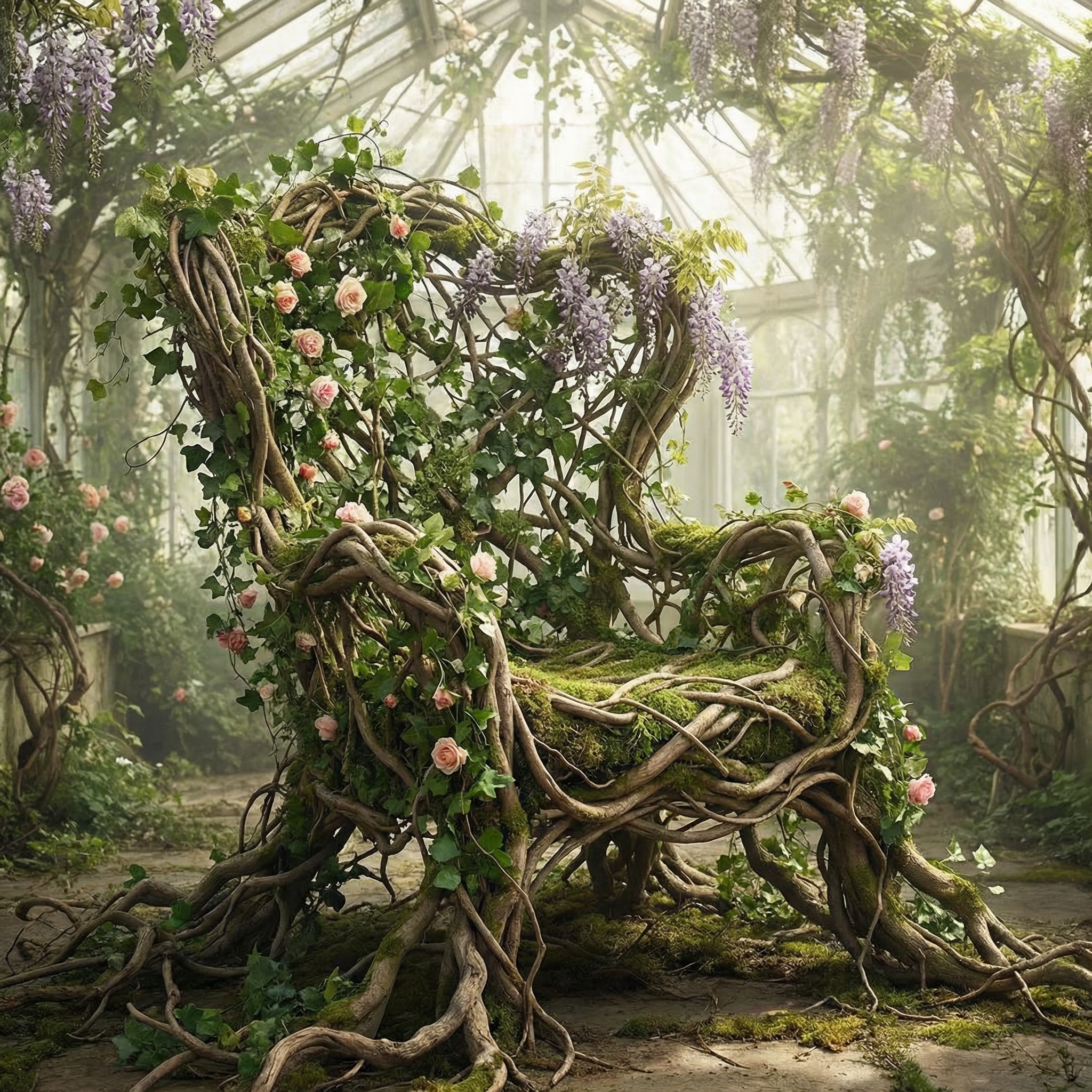 AI organic plant sculpture: subject organically grown from intertwining plants flowers and vines, leaf-like textures and blooming forms fusing seamlessly with structural details, ethereal composition with natural asymmetry and dreamlike flow