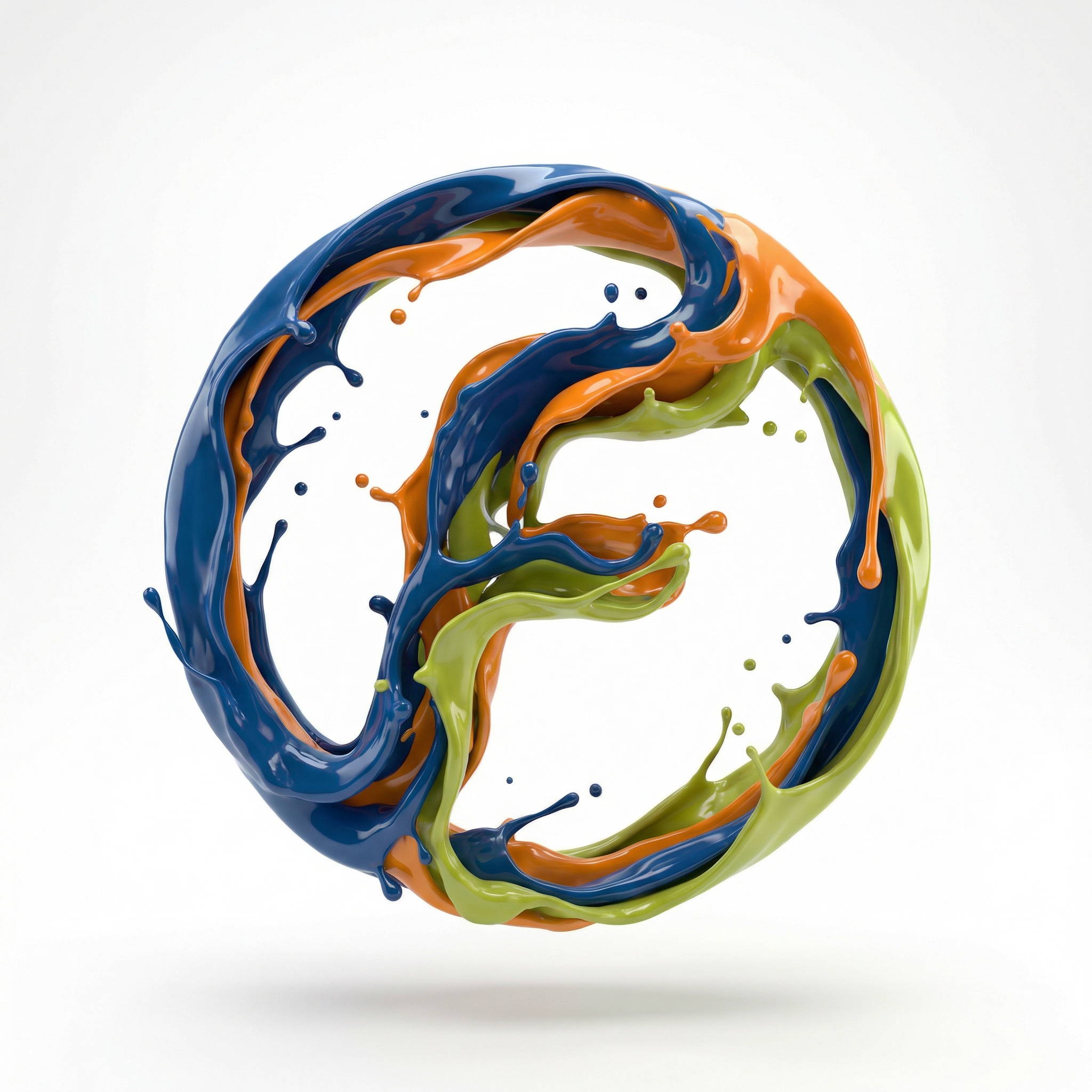 AI paint splash 3D logo render: brand logo sculpted from glossy liquid paint splashes, exact brand palette reproduction, smooth fluid dynamics, floating on pure white background, cinematic lighting with soft shadows, ultra-realistic fluid dynamics