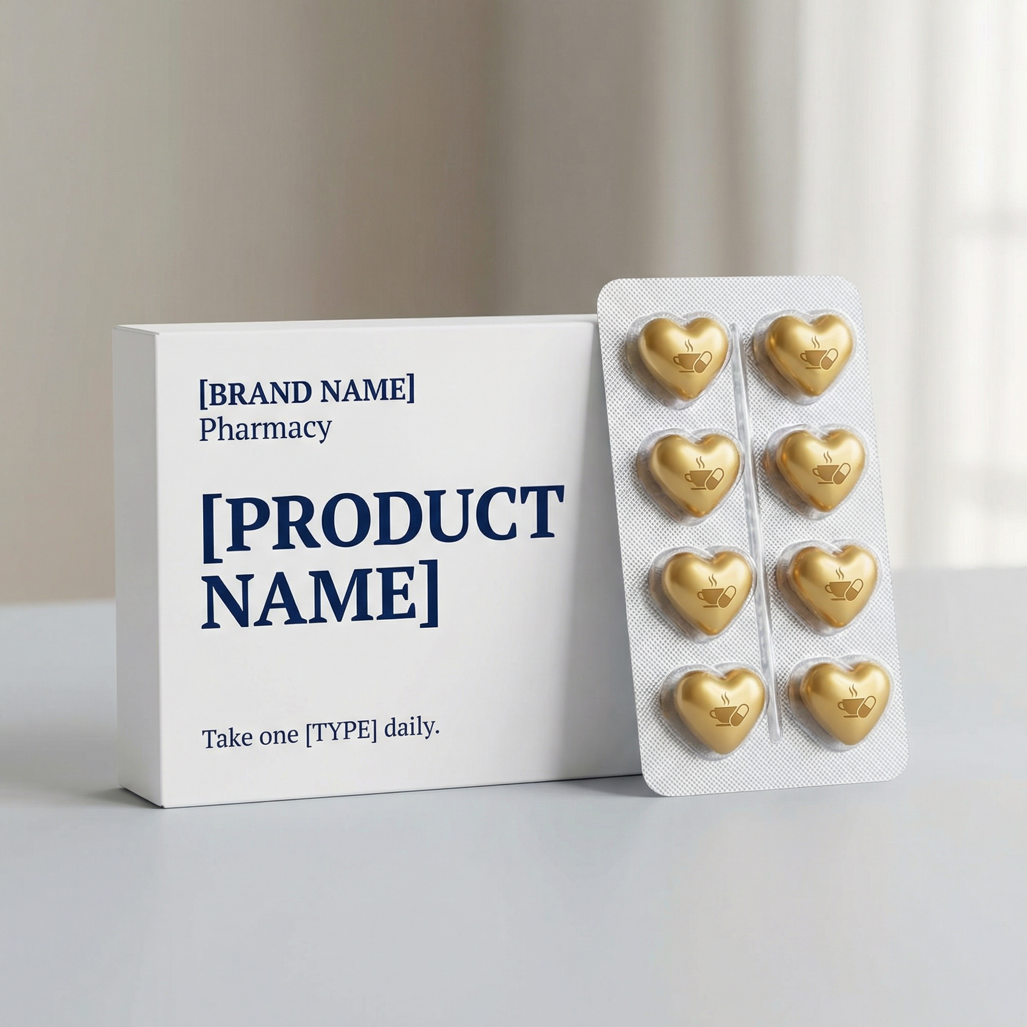 Pharmaceutical-style creative product: minimalist white box with silver foil blister pack, themed pills in brand icon shapes, commercial photography quality on neutral background