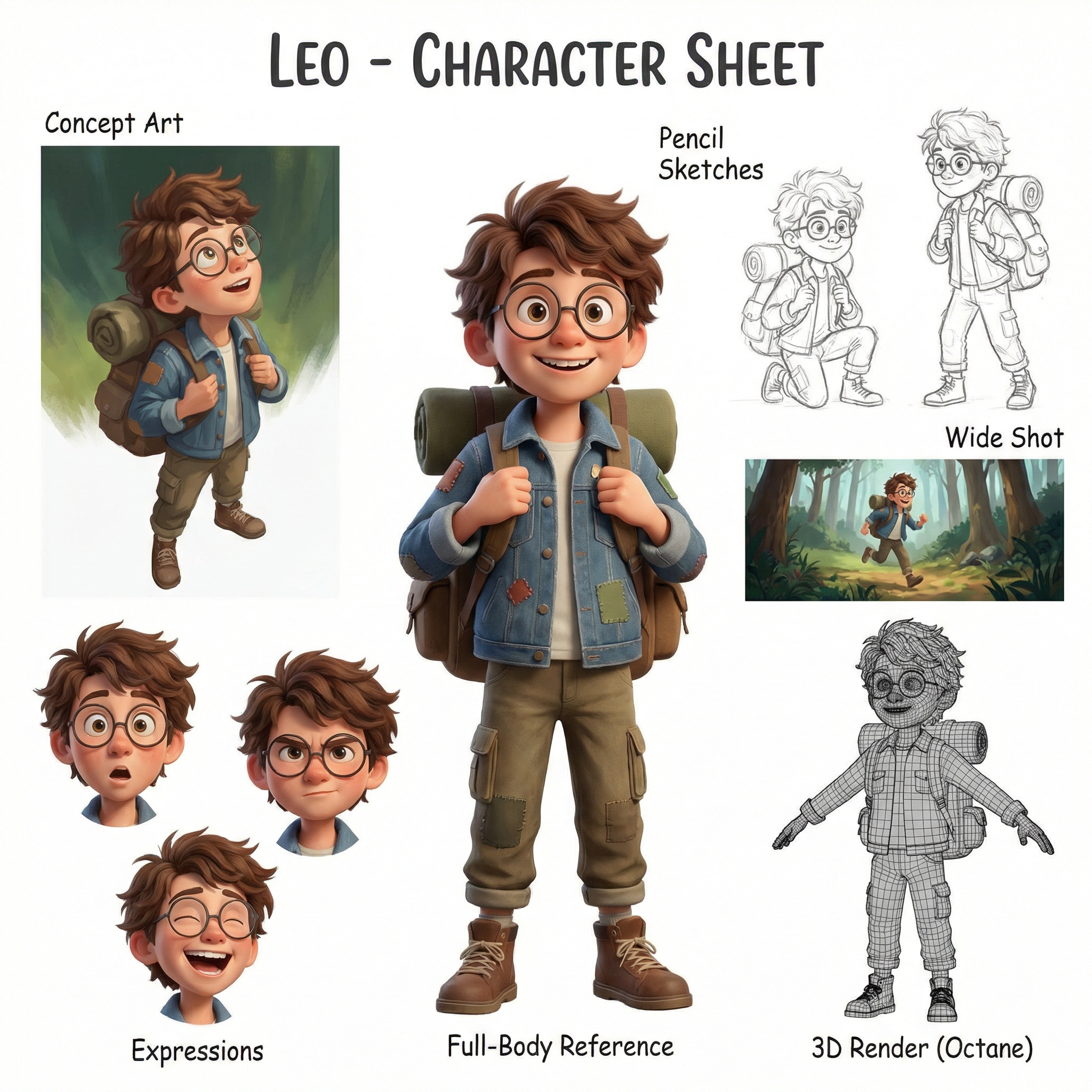 AI Pixar-style character sheet: multi-view character layout with pencil sketches, concept art, and 3D renders, showing multiple poses and expressions on white background, industry-standard character design format