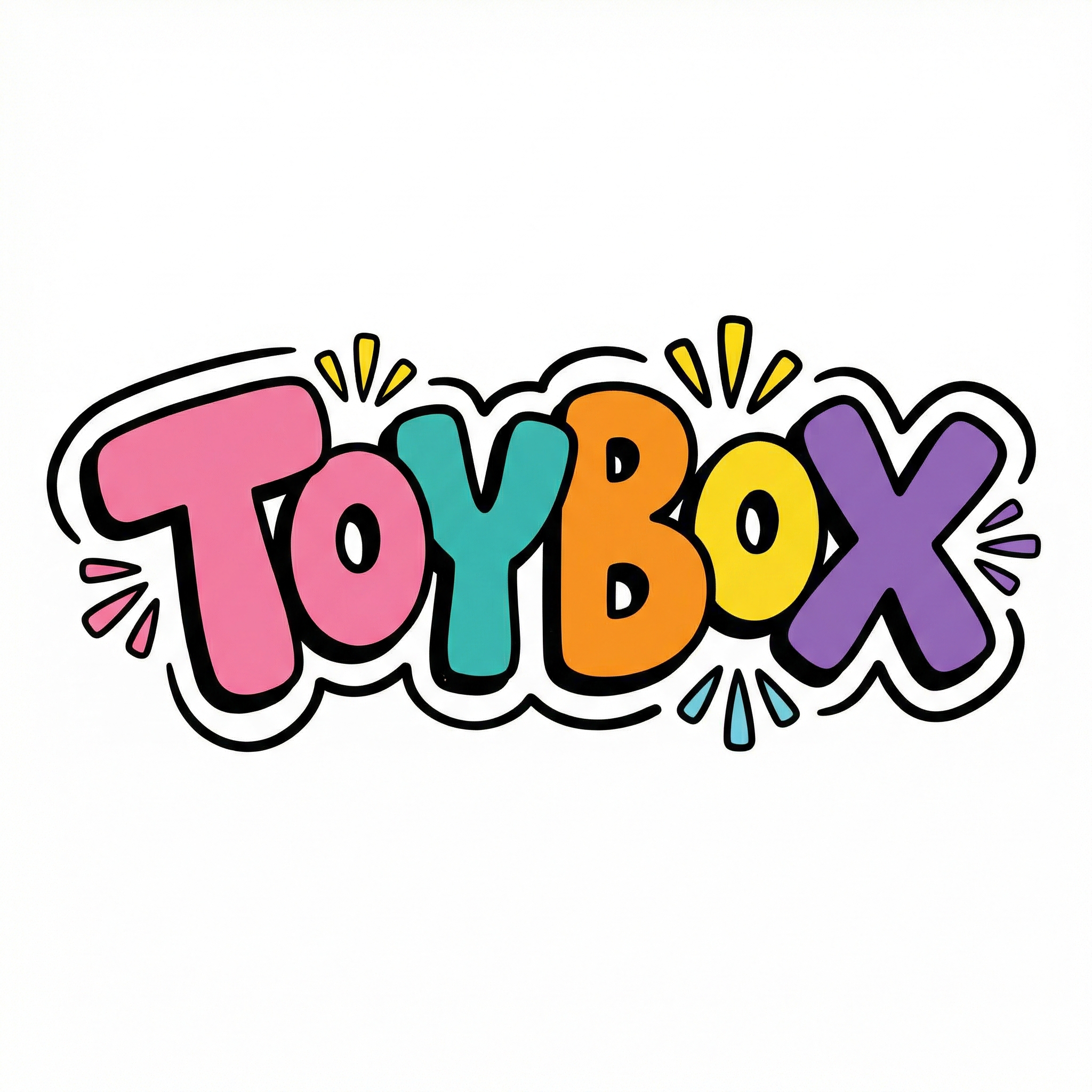 AI playful cartoon icon: 2D digital illustration with bold black outlines, high-saturation vibrant solid colors (pink, teal, orange, yellow, purple), bubbly form with rounded edges, starburst and spark decorative elements, vector-friendly on white background