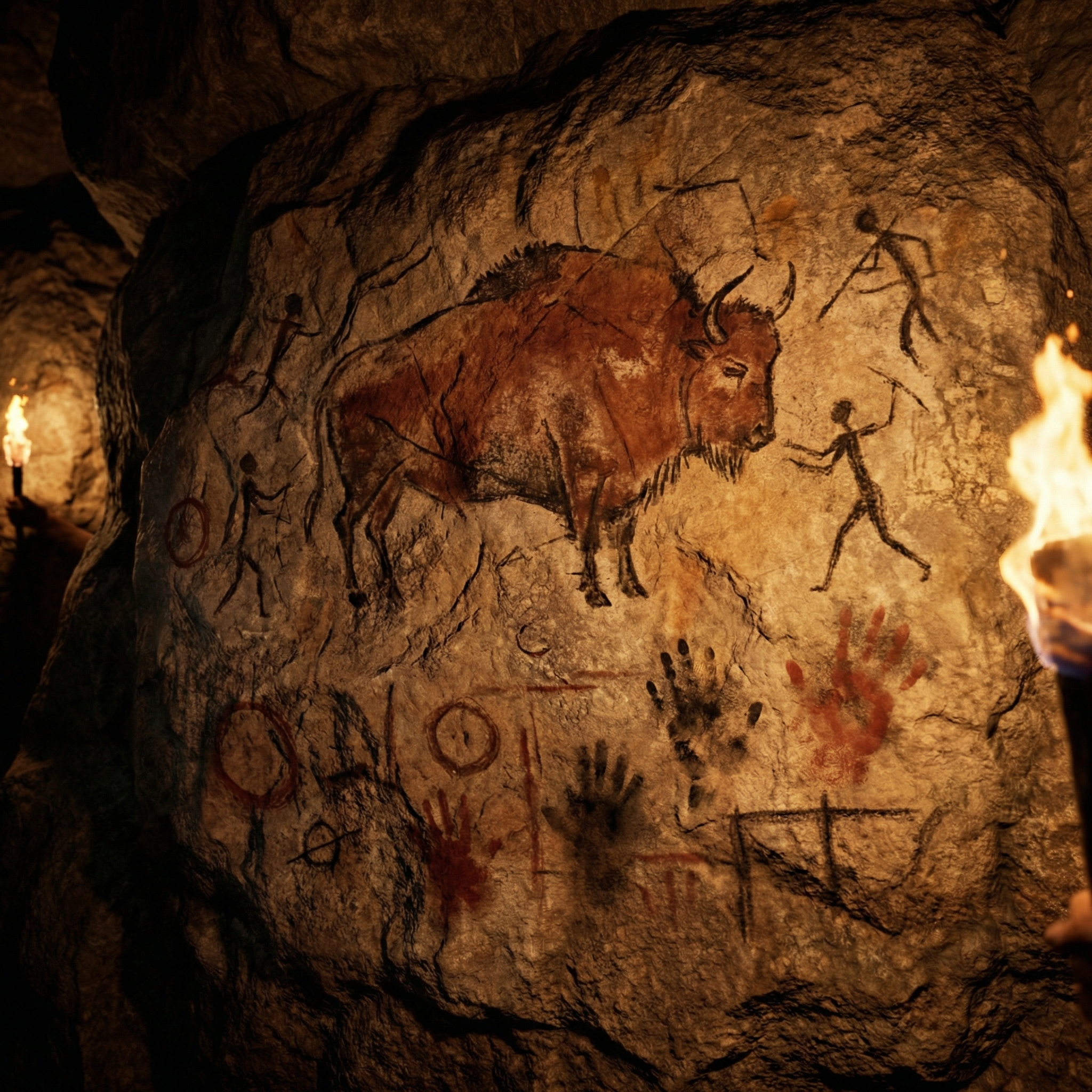 Primitive cave painting: ochre and charcoal depicting bison on rough stone wall, torchlight revealing rock texture, paint naturally embedded in stone surface