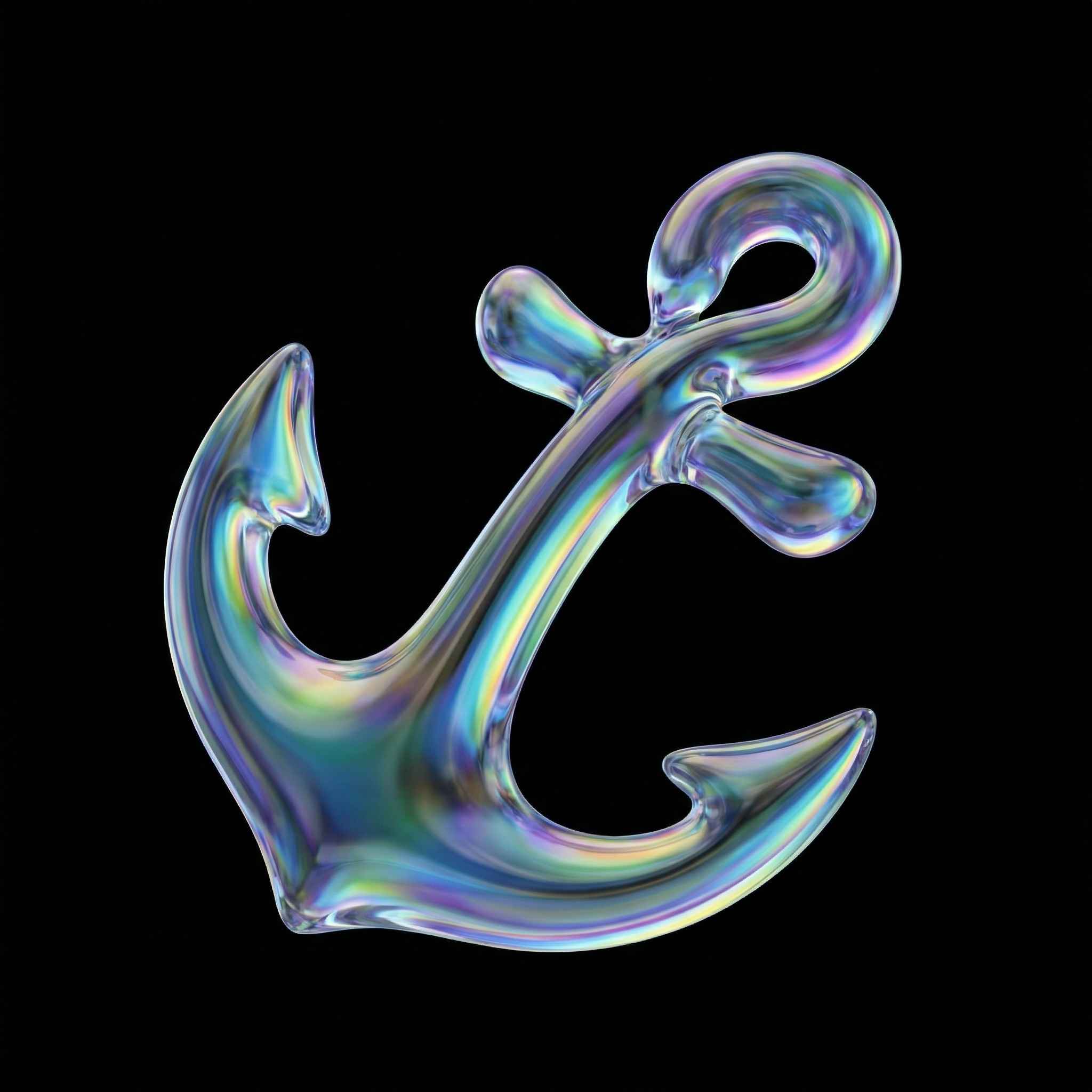 AI prismatic glass icon: high-resolution 3D translucent glass sculpture icon with rainbow refraction spectrum flowing inside, high-gloss surface with soft reflections, centered on solid black background, abstract yet recognizable shape