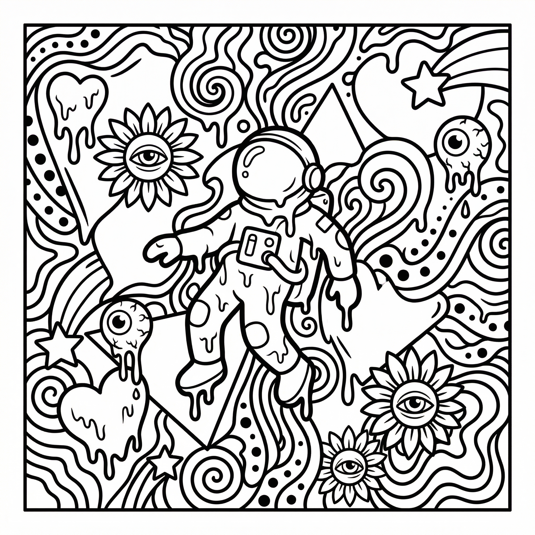 AI psychedelic melting coloring page: black and white line art with melting central subject surrounded by surreal elements like sunflowers with eyes, melting eyeballs, hearts and floating stars, bold clean enclosed outlines, open spacious composition, pure white background