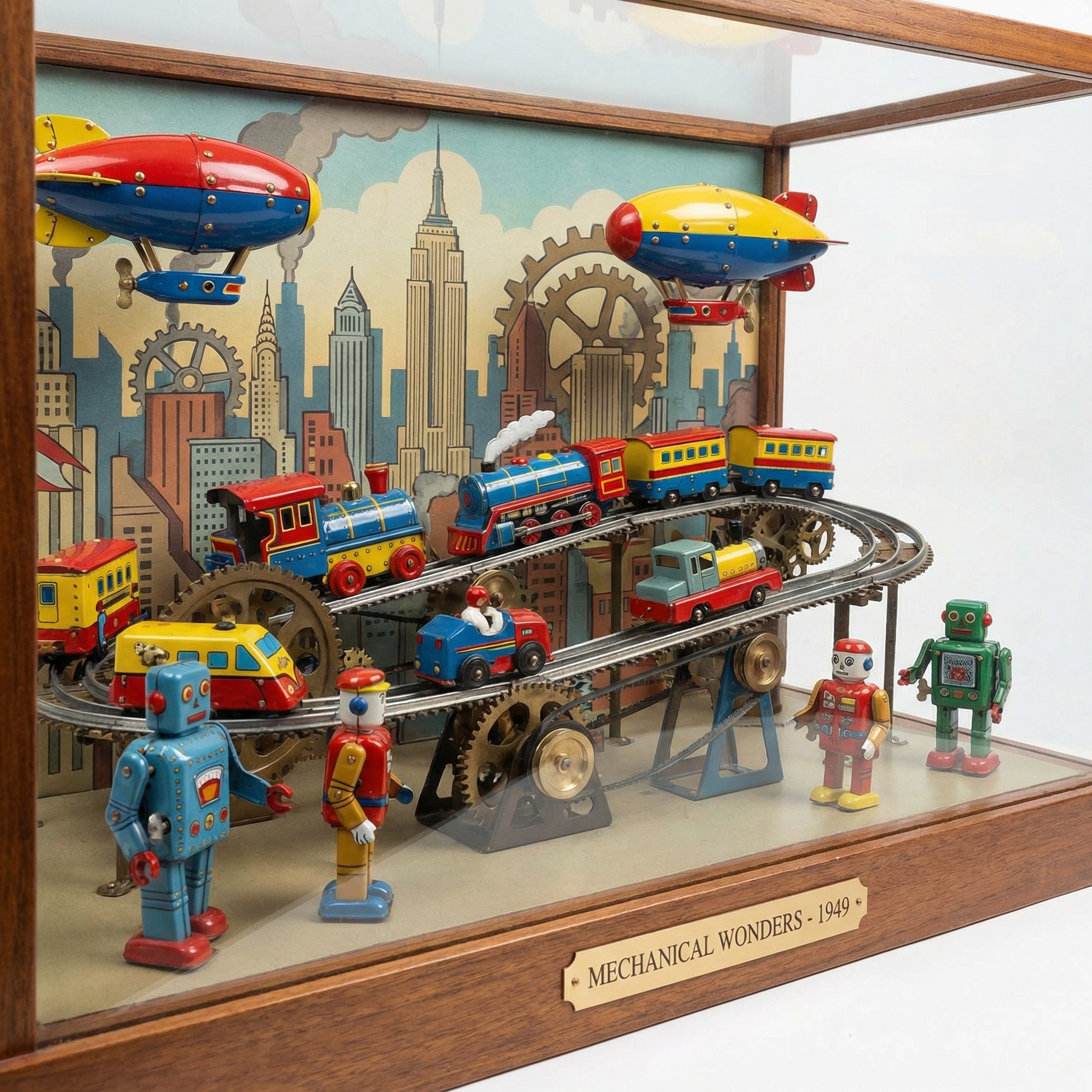 Retro tin toy effect: a miniature mechanical scene with enamel-painted metal characters and illustrated cardboard backdrop