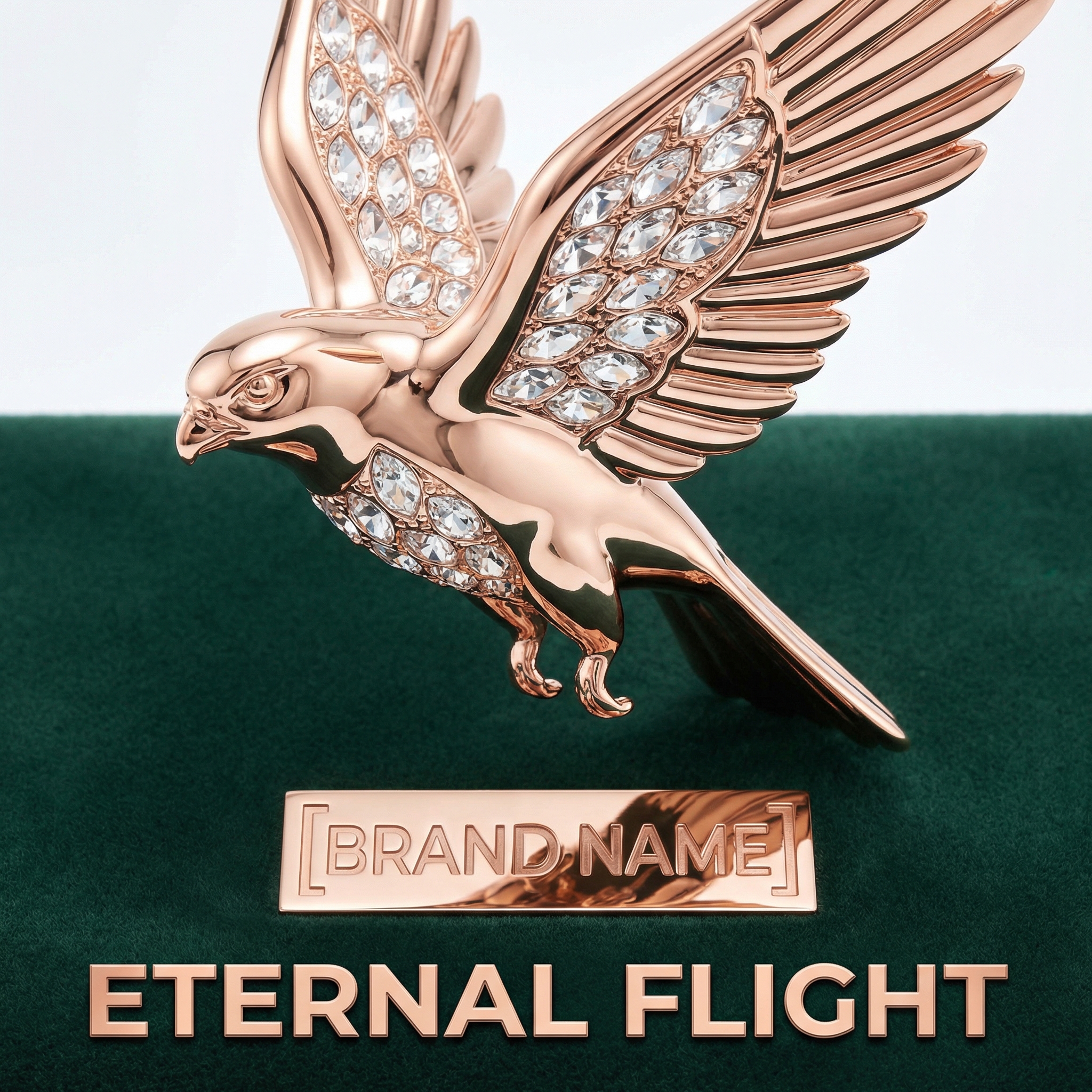 AI rose gold luxury sculpture: brand totem form, crystal embedding details, brand color background, high Kelvin pure white lighting, editorial composition