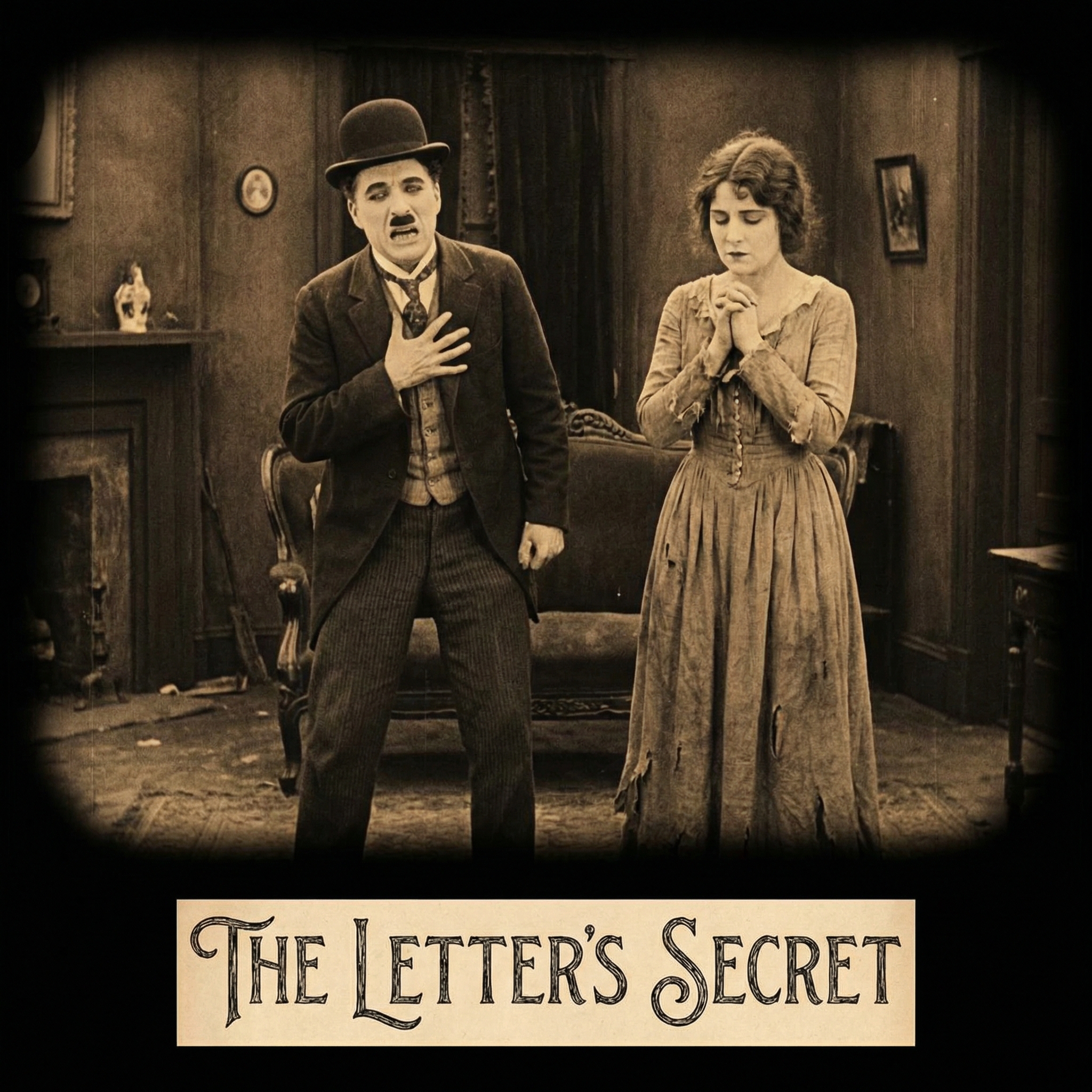 Silent film style: a figure standing in a stage spotlight, face half-lit half-shadowed, with film grain and vignetting
