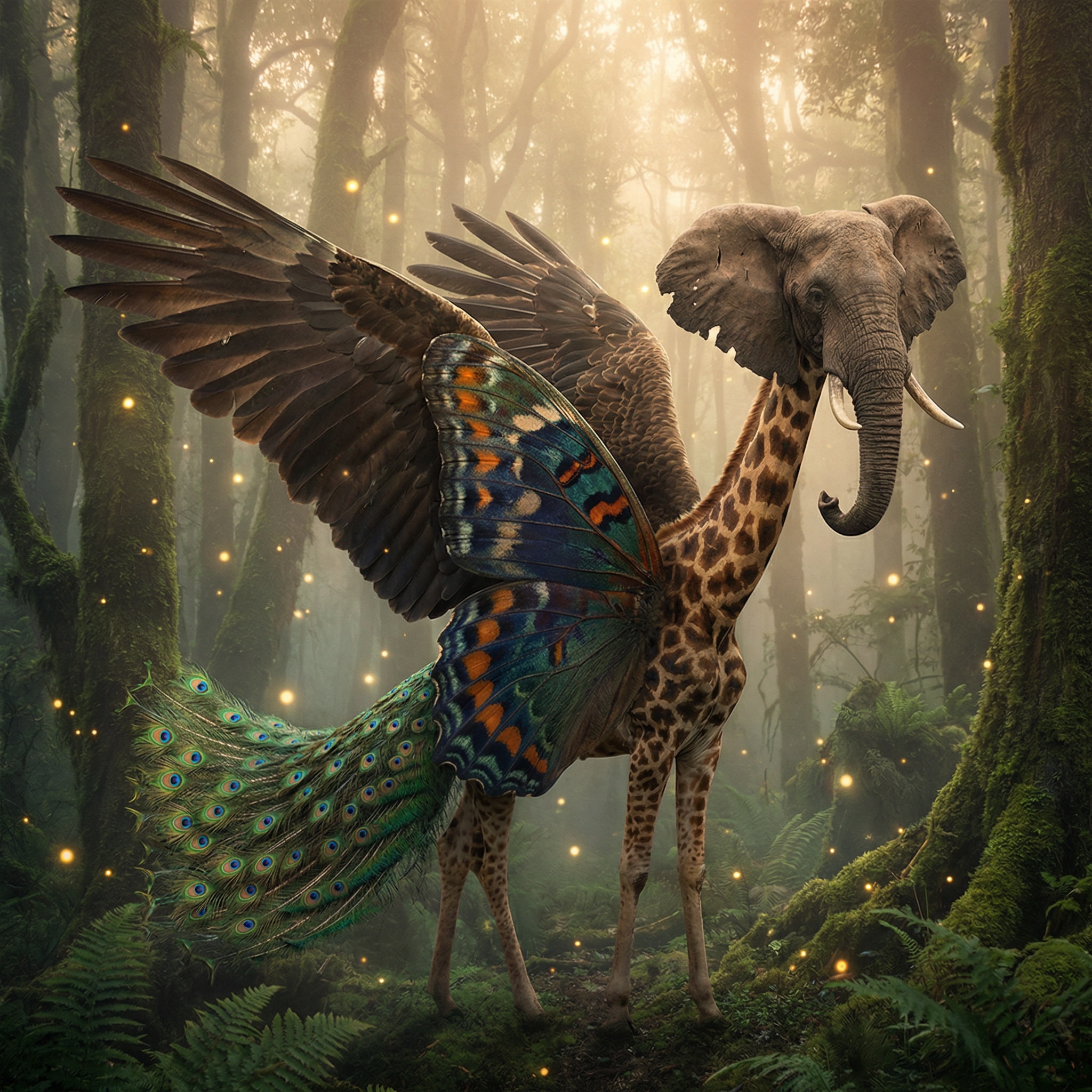AI surreal mythical bird creature: elephant head, butterfly body, giraffe neck, eagle wings, peacock tail, in an enchanted misty forest with ethereal light