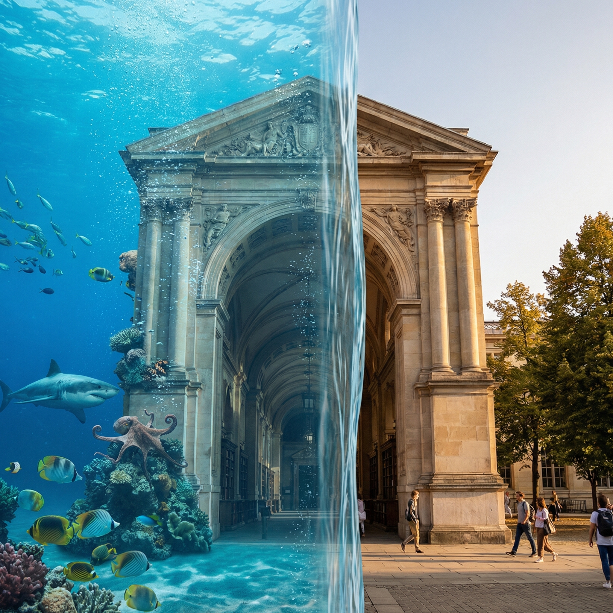 Surreal split scene: left half shows underwater world filled with marine life, right half shows the same scene's dry land version, separated by a vertical water wall with distinct lighting differences between water and air