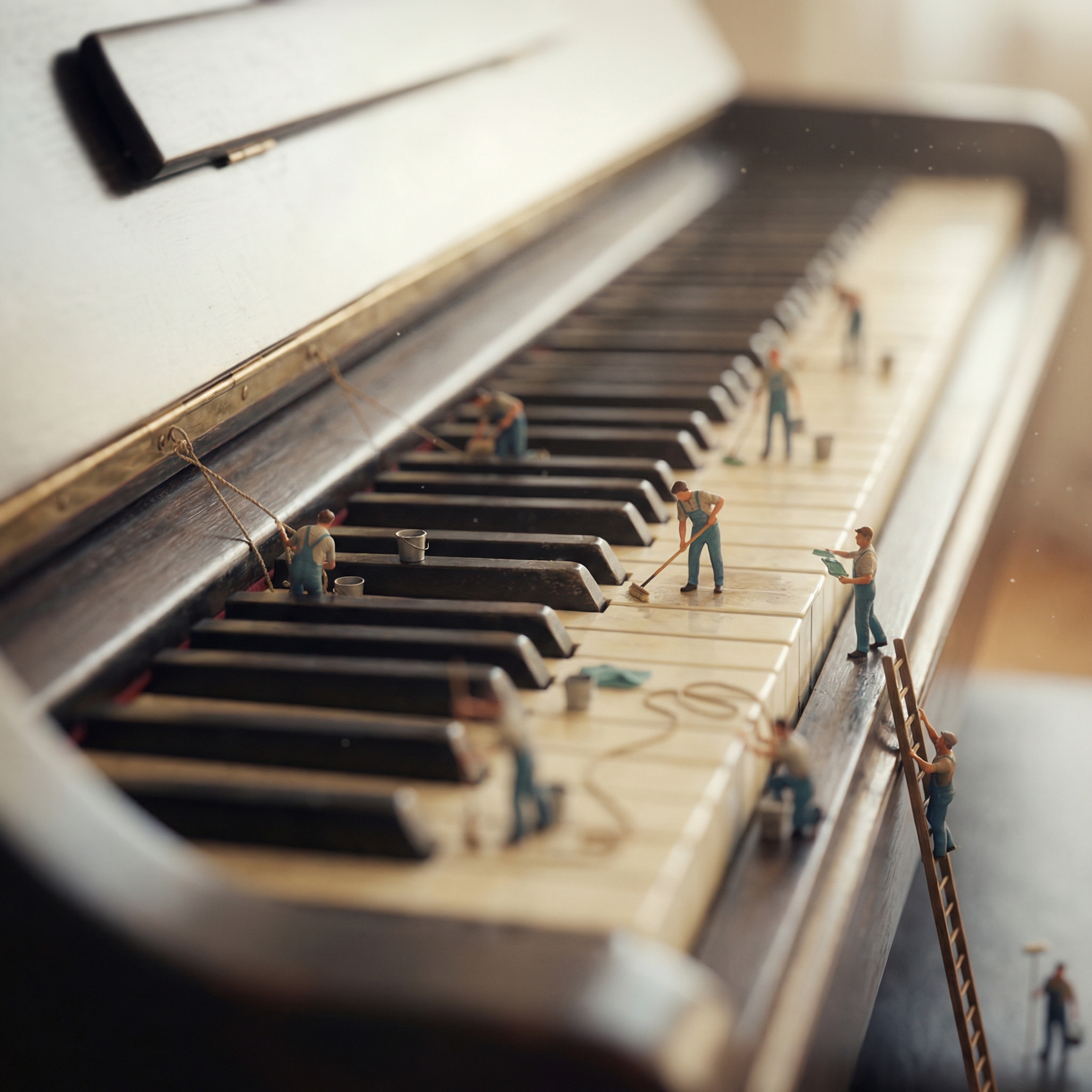 Tilt-shift miniature piano cleaning scene: tiny figures scrubbing piano keys with brushes, shallow depth of field softening foreground and background