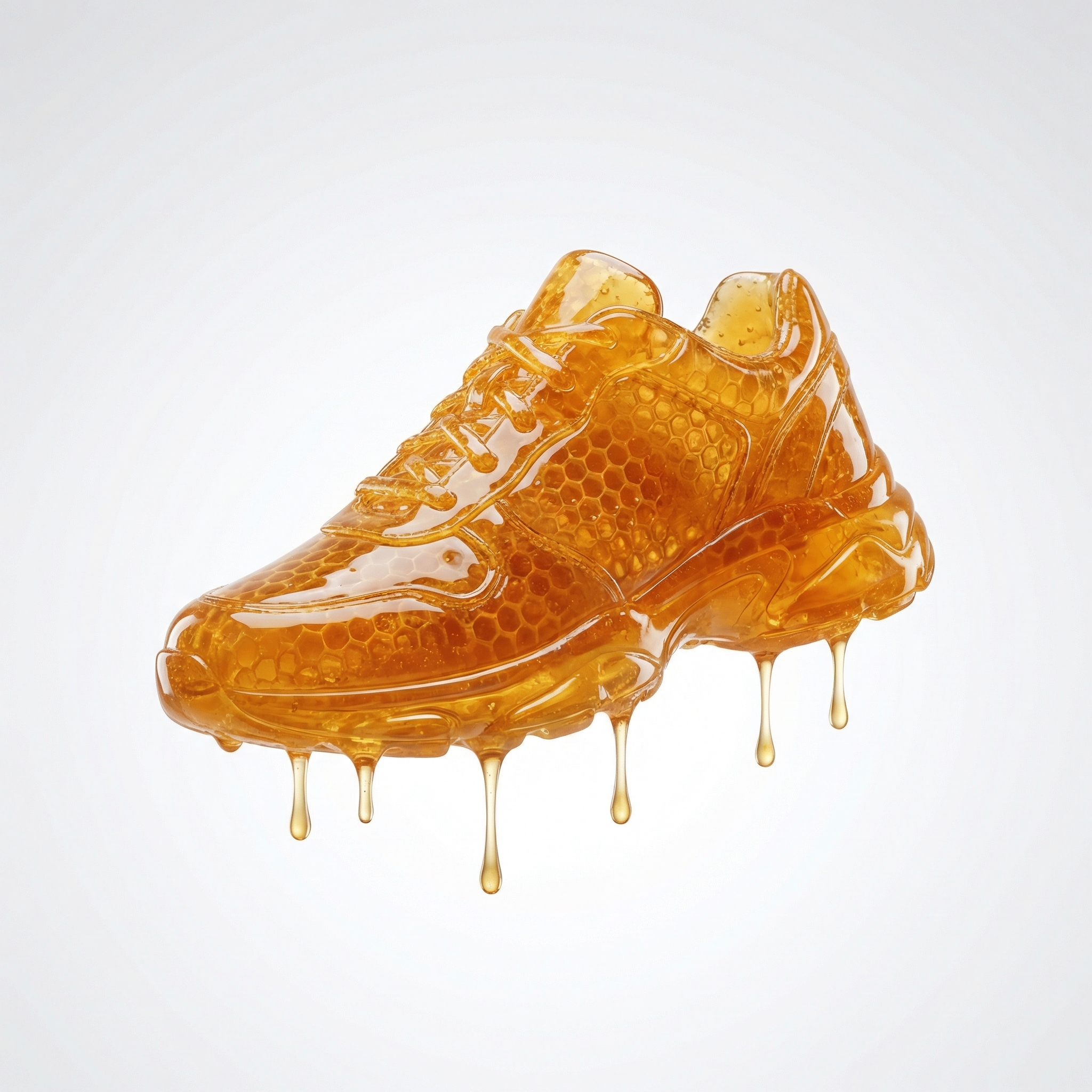 Honeycomb transformation effect: object made of crystallized amber honey with embedded hexagonal honeycomb structure, honey drips along edges, soft backlight transmitting through